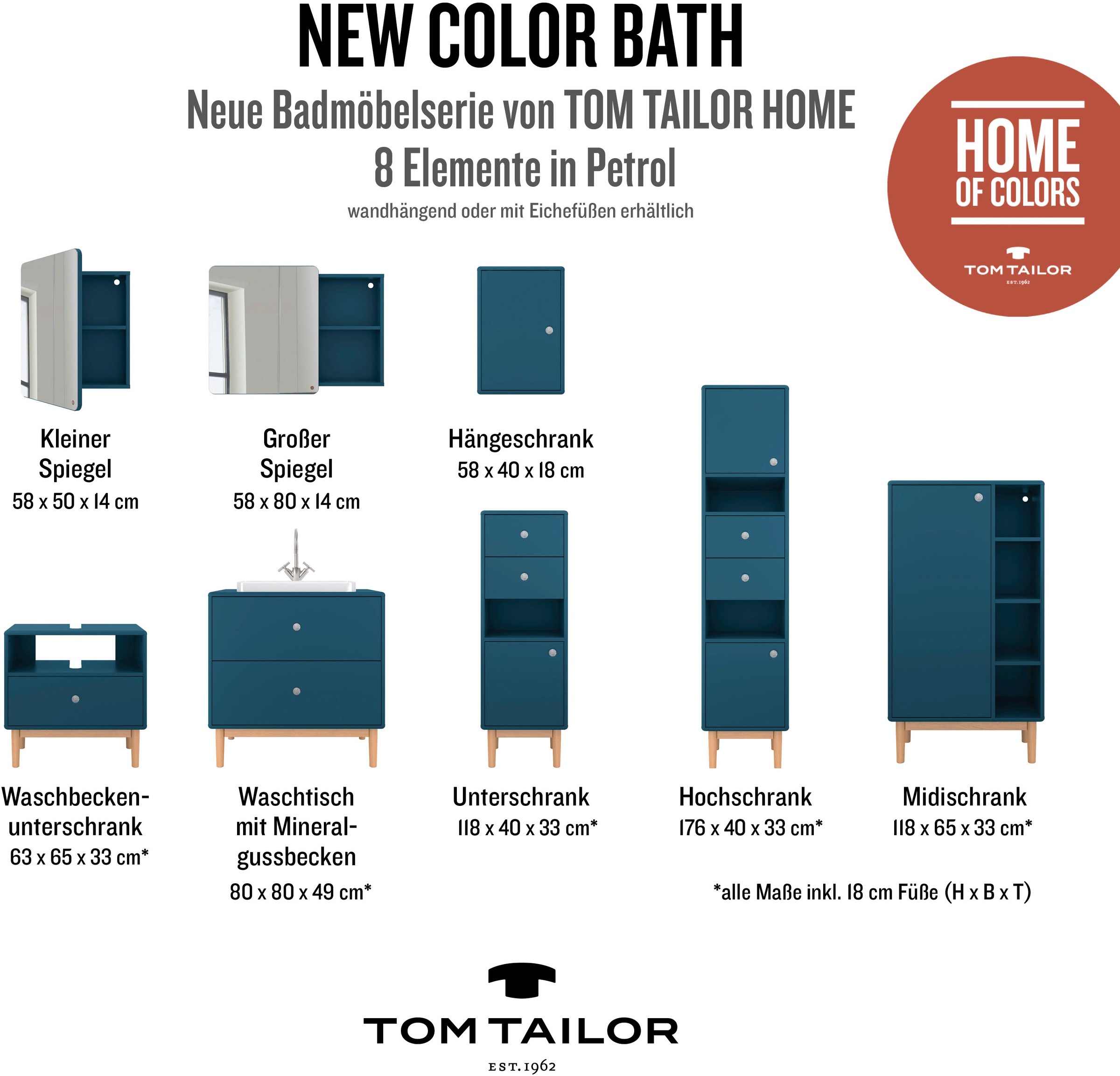 TOM TAILOR HOME Unterschrank »COLOR BATH«, mit 1 Tür & 2 Schubladen, mit  Push-to-Open, Füße Eiche, Breite 40 cm auf Rechnung bestellen