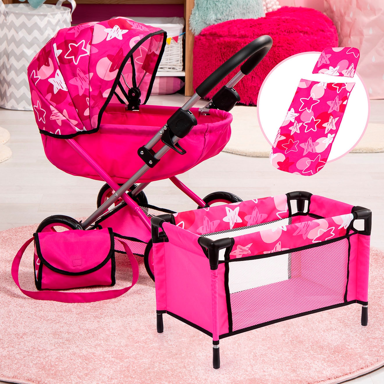 Bayer Puppenwagen »Cosy Set, pink«, mit Puppenreisebett und Wickeltasche