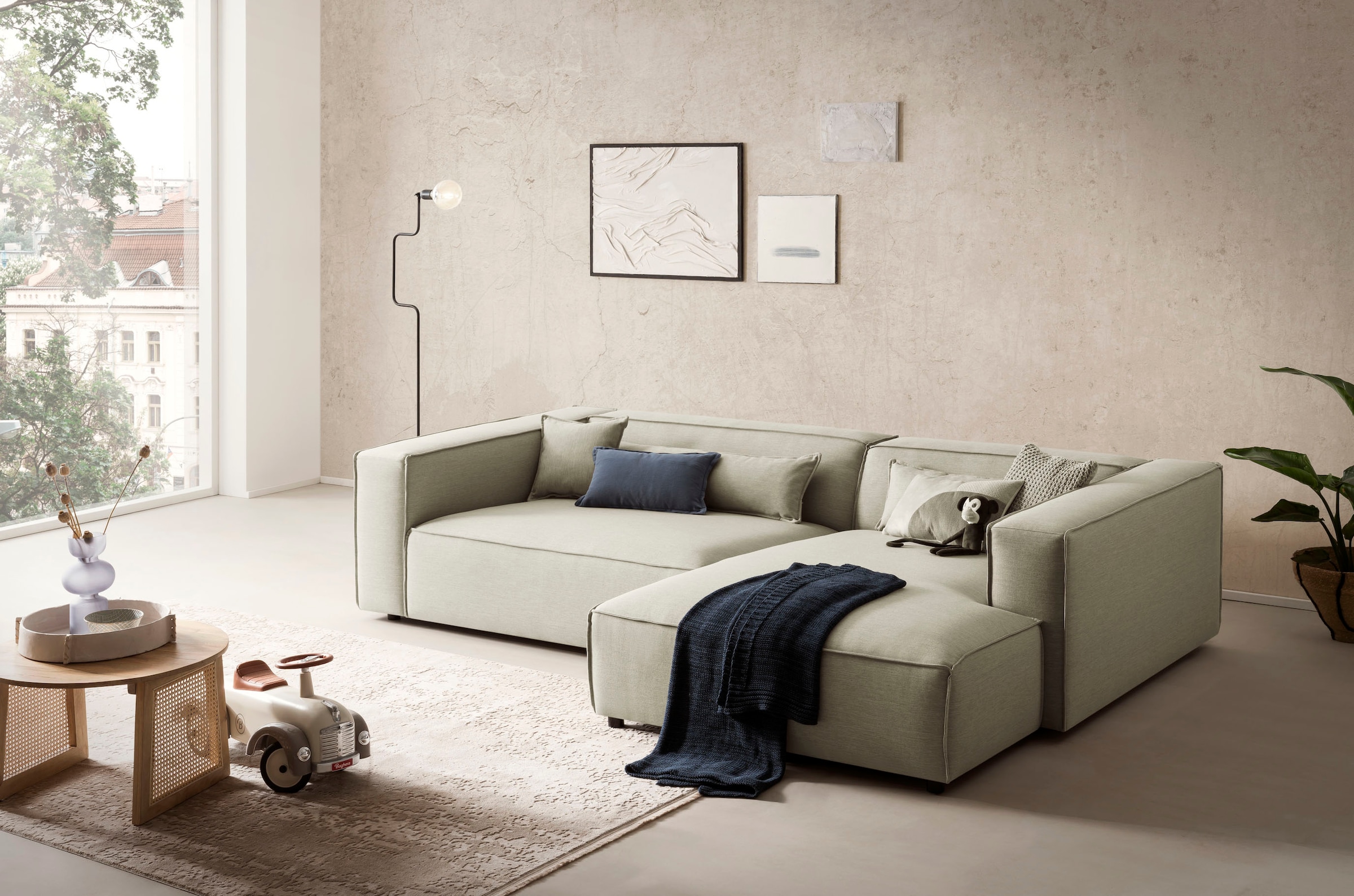 LeGer Home by Lena Gercke Ecksofa »PIARA XXL, Big-Sofa in Cord oder Leinenoptik, L-Form, mit Kedernaht«, wahlweise Ottomane rechts/links, schwarze Füße, extra tiefe Sitzfläche