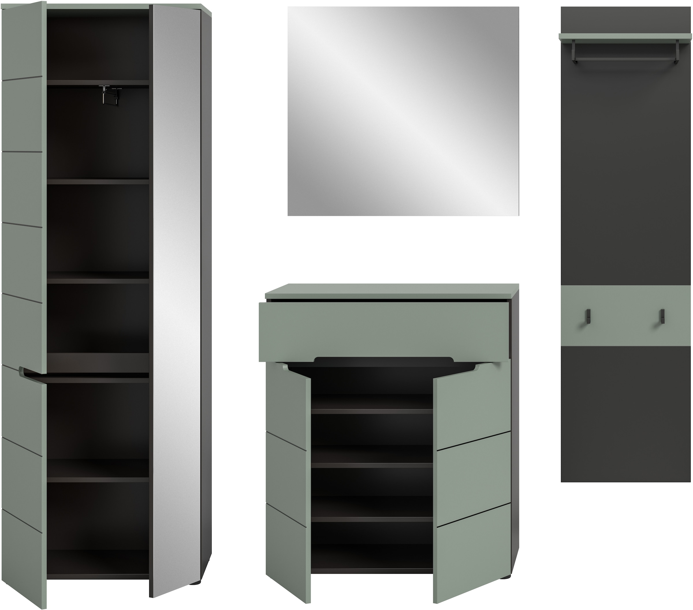 Home affaire Garderoben-Set »REHAT, TOPSELLER!, 4-teilig, Breite 220 cm, individuell erweiterbar« Set, bestehend aus: Garderobenschrank, Kommode, Spiegel & Garderobenpaneel, 4 Stk. tlg.