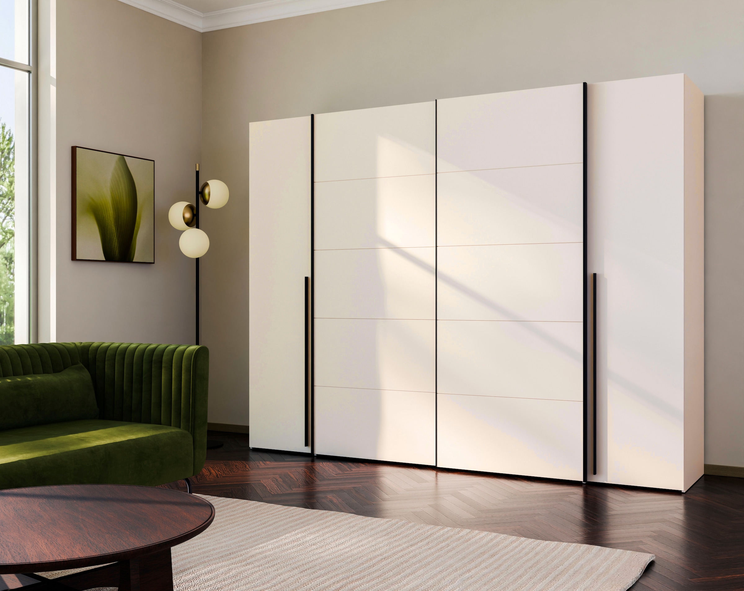 FORTE Dreh-/Schwebetürenschrank »Narago, OTTOs Choice, TOPSELLER, mittlere Paneele farblich wechselbar« B/H/T ca. 270x210X61cm, Farbe Weiß auch mit Spiegeln erhältlich,  gestalte die Schwebetüren einfarbig oder 2 farbig, Made in Europe