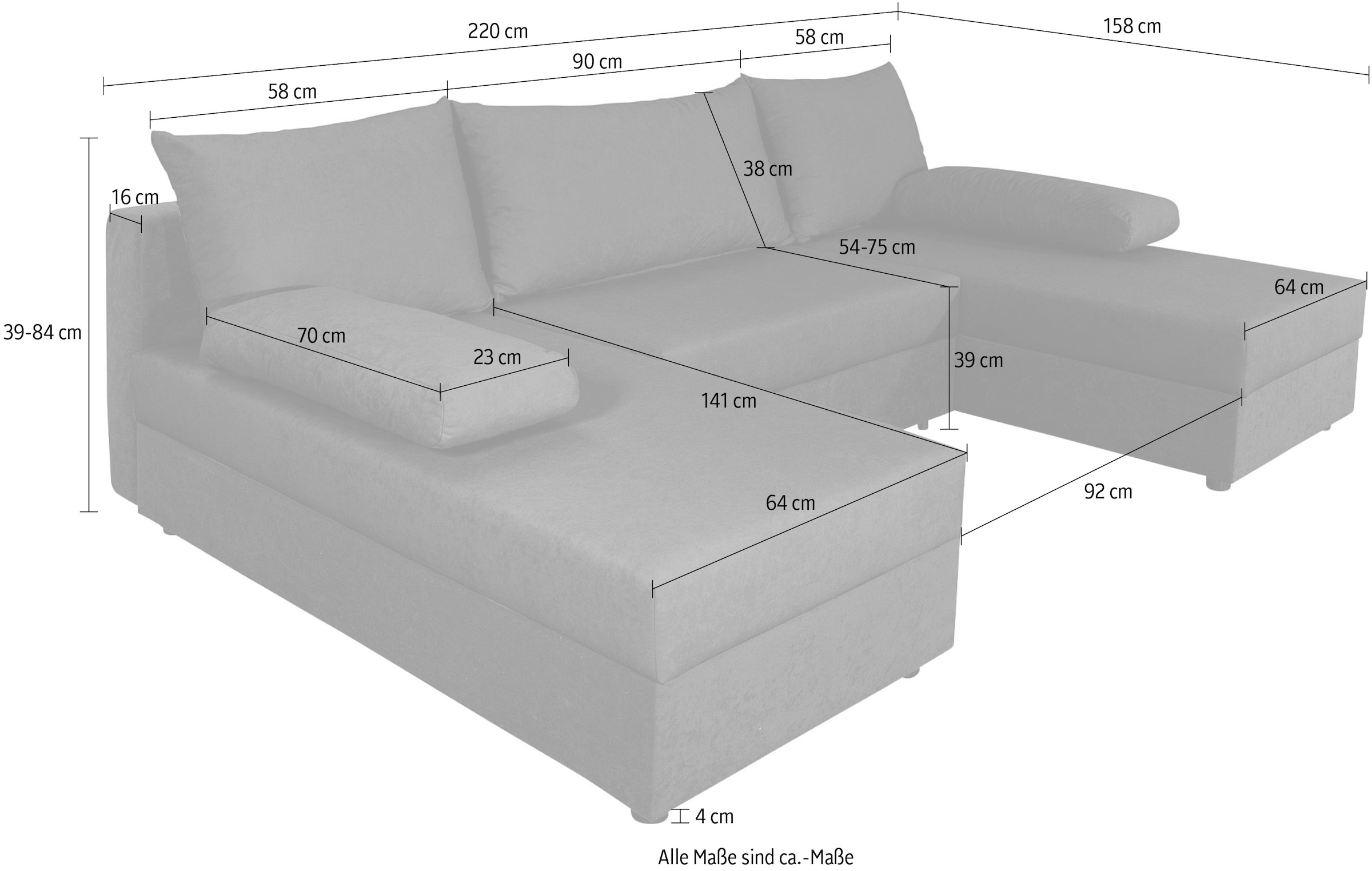 COLLECTION AB Wohnlandschaft »Pico U-Form, Breite 220, mit Schlaffunktion, Bettkasten & Zierkissen«, Wohnlandschaft,2 X Ottomane,Polyätherschaum Polsterung