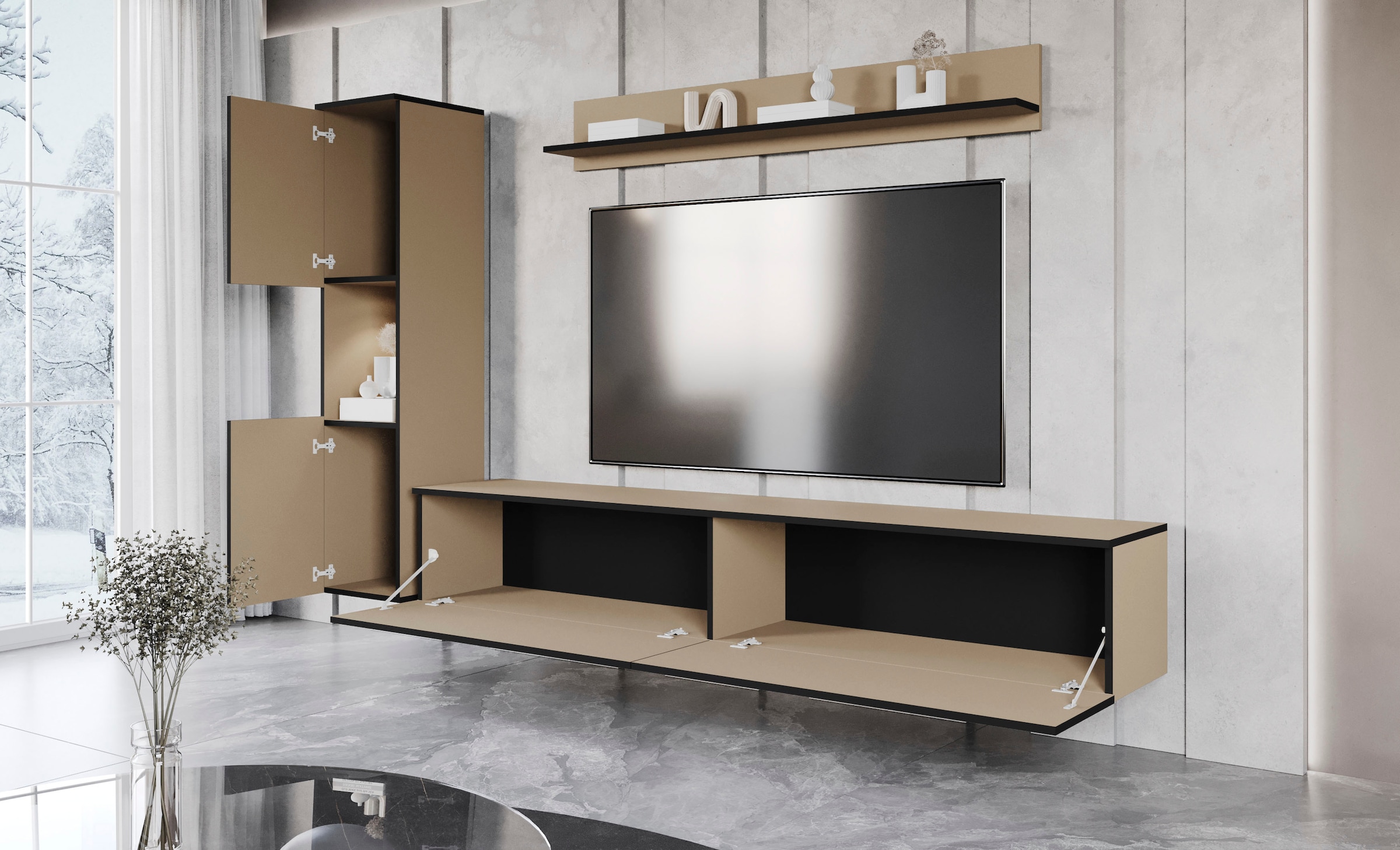 INOSIGN Wohnwand »PARIS, Vitrine Türanschlag links/rechts wechselbar«, (Komplett-Set, 3 St.), grifflose Design, stehend und hängend montierbar