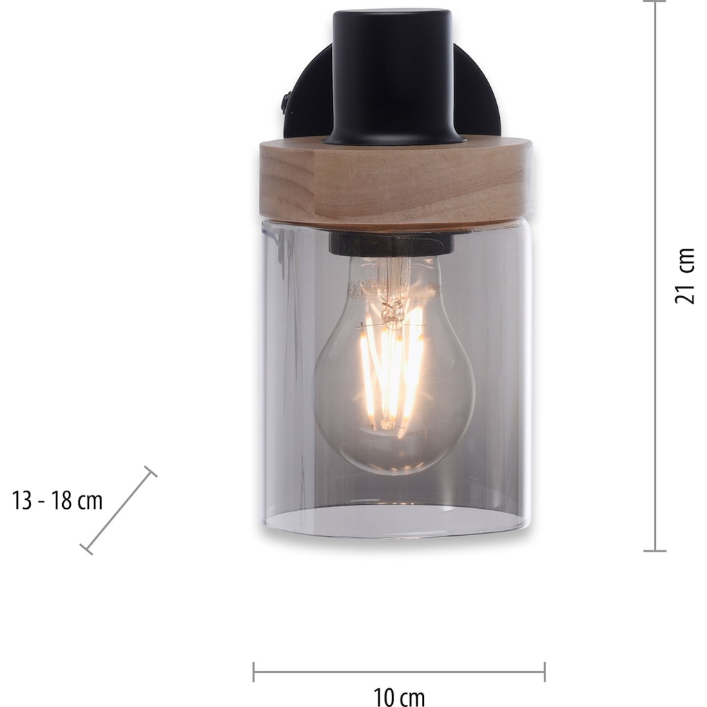 Home affaire Wandleuchte »Tendon«, 1 flammig-flammig, Wandlampe, Glas, Holz, Rauchglas, geeignet für Leuchtmittel - E27