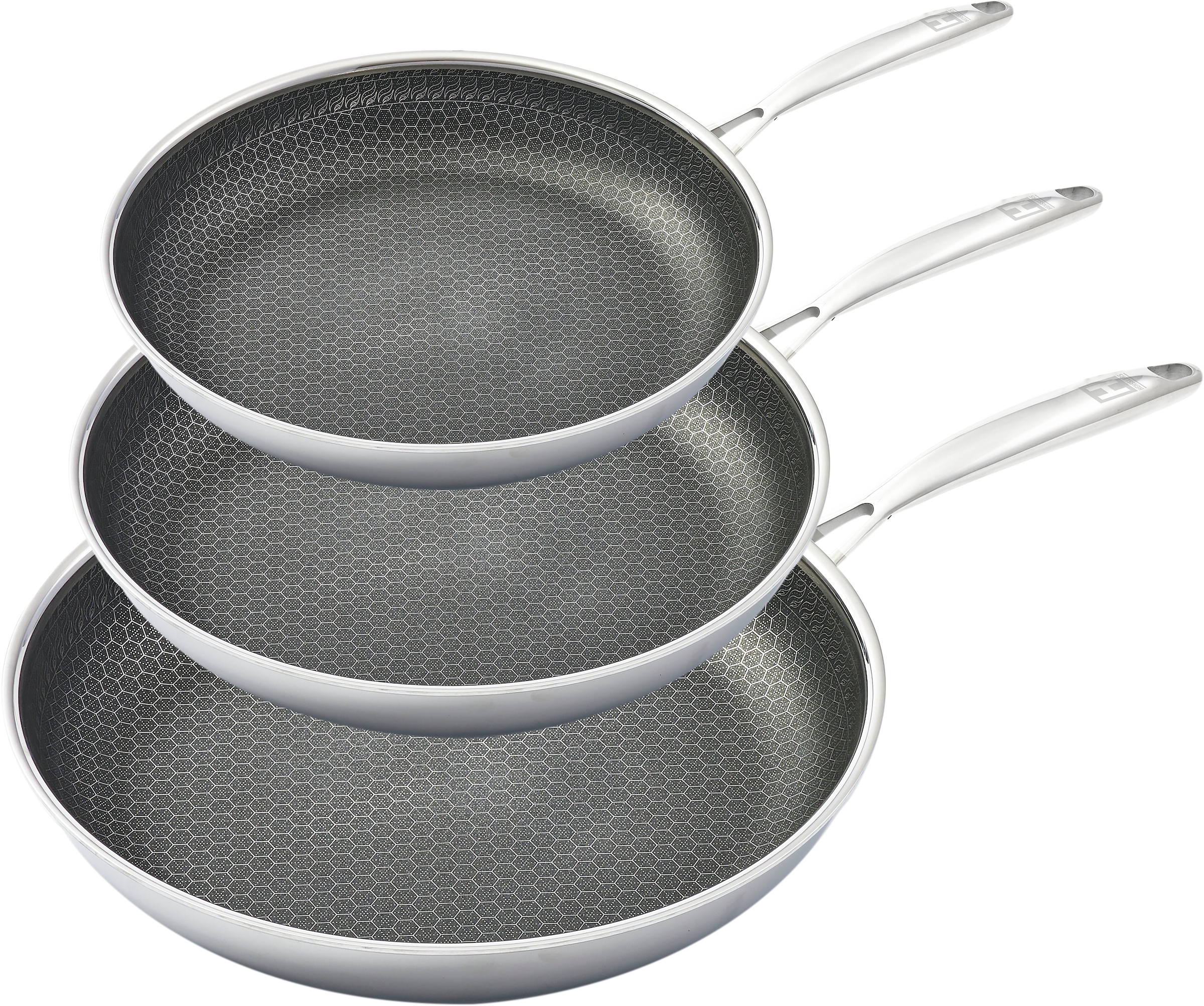 HENSSLERS Pfannen-Set Edelstahl Set, 1x Bratpfanne Ø 20 cm, 1x Bratpfanne Ø 24 cm, 1x Bratpfanne Ø 28 cm, 3 Stk. tlg. 3-Schicht Material, Wabenstruktur und Antihaftbeschichtung, Induktion