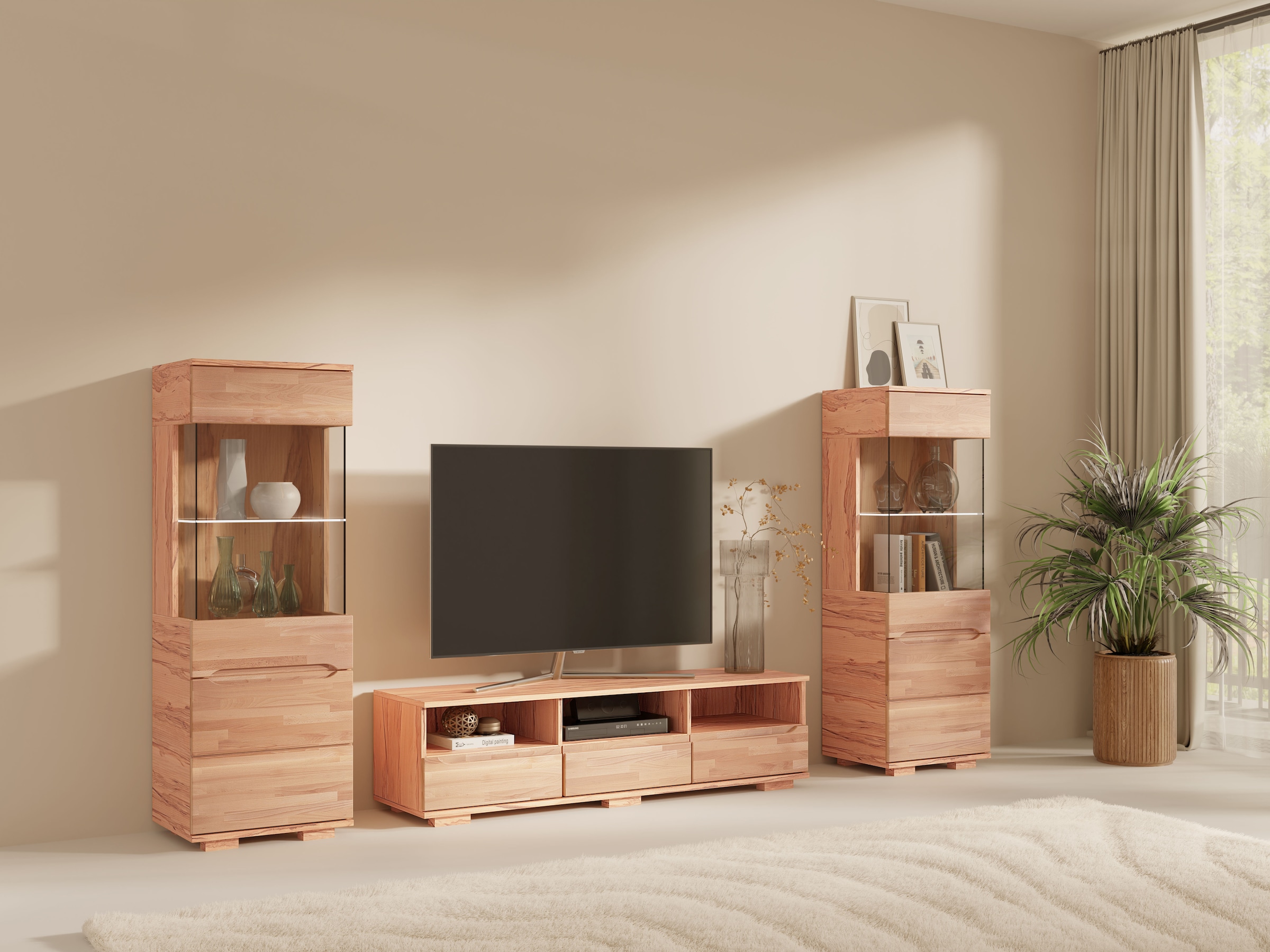 OTTO home Vitrine »VETRO: Fronten aus Massivholz, Korpus aus Melamin, 1Glastür« Kernbuche B/T/H:50/40/144cm, 2Variable einlegeboden, Türanschlag L/R