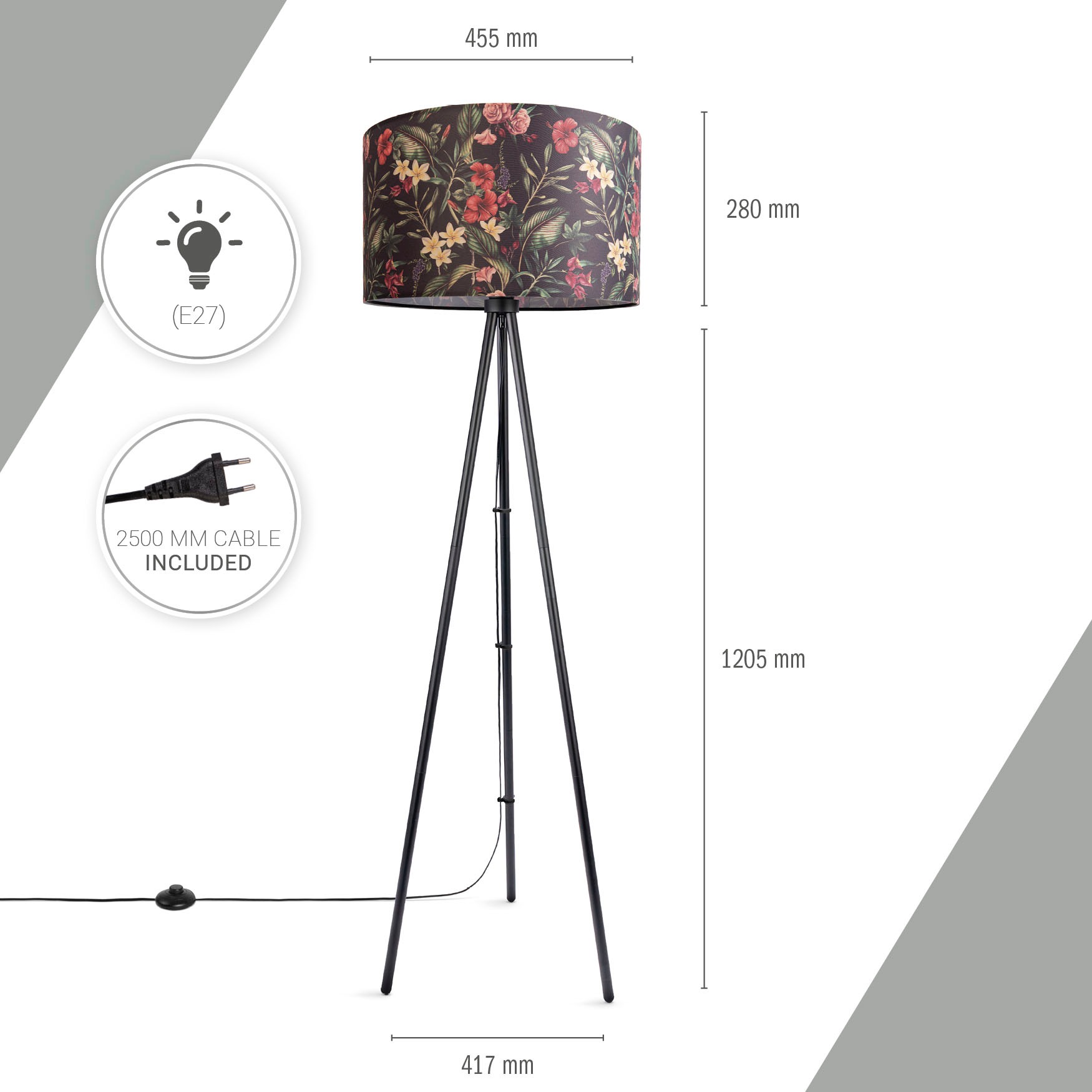 Paco Home Stehlampe »Trina Flower«, Leuchtmittel E27 | ohne Leuchtmittel, Standleuchte Dreibein Stativ Stoffschirm Rund Blumen Floral Modern