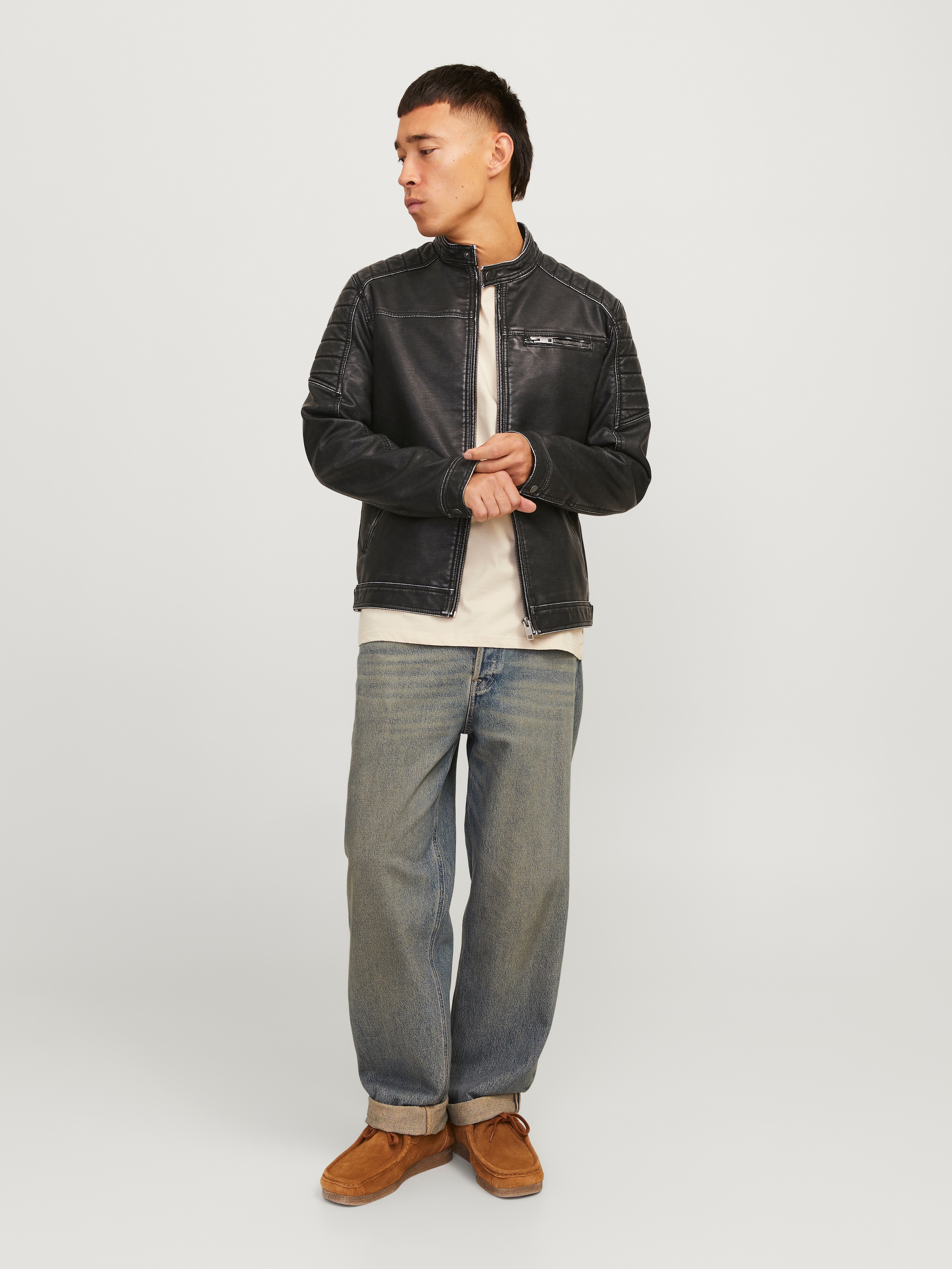 Jack & Jones Lederimitatjacke »JJEROCKY WASHED PU JACKET NOOS«, ohne Kapuze, mit Bandkragen