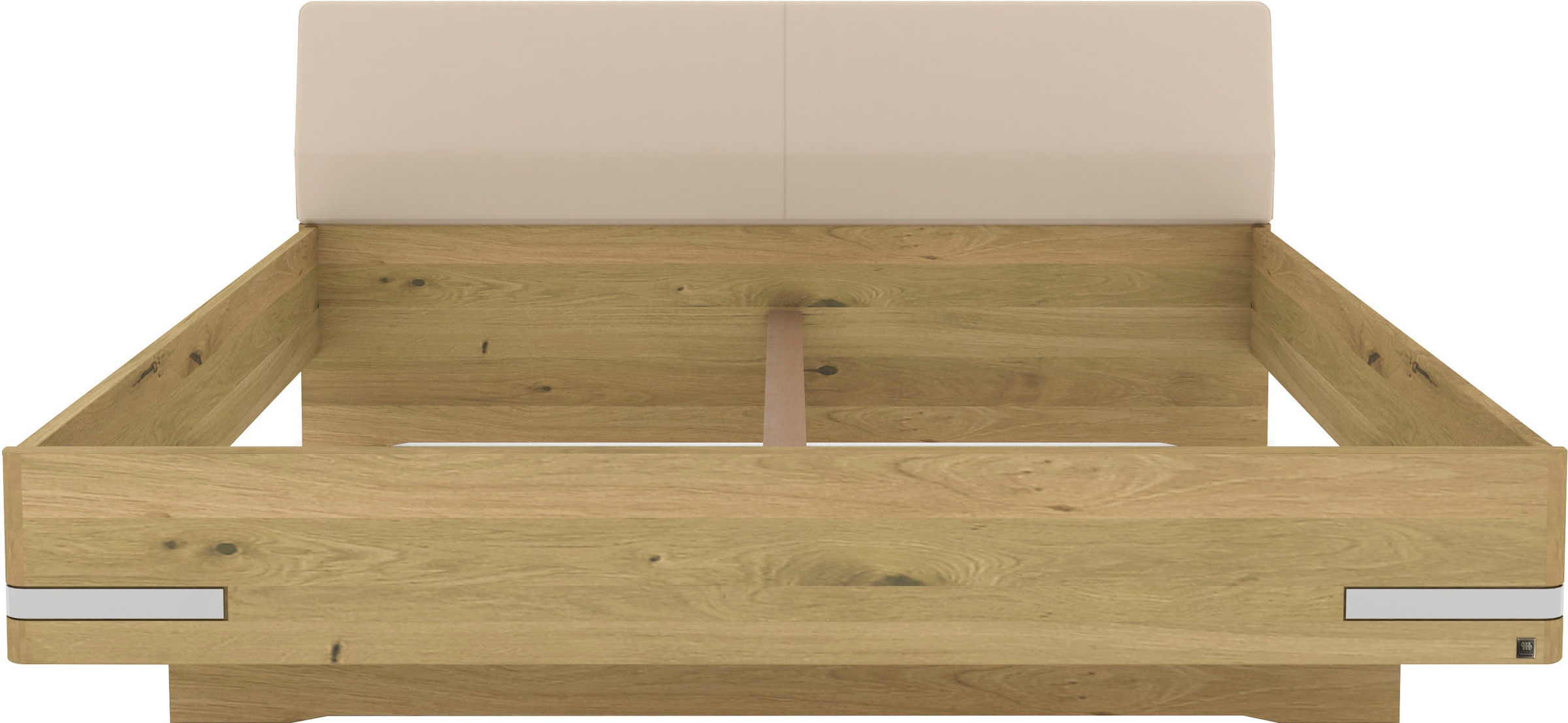 Musterring Holzbett »Savona, Bettgestell, Bettrahmen, teilmassiv Bianco-Eiche«, (Belastbarkeit 220 Kg, 4-fache Liegehöhenverstellung, MADE IN GERMANY), Kopfteil Kunstleder Champagner, Details in Chrom, verschiedene Größen