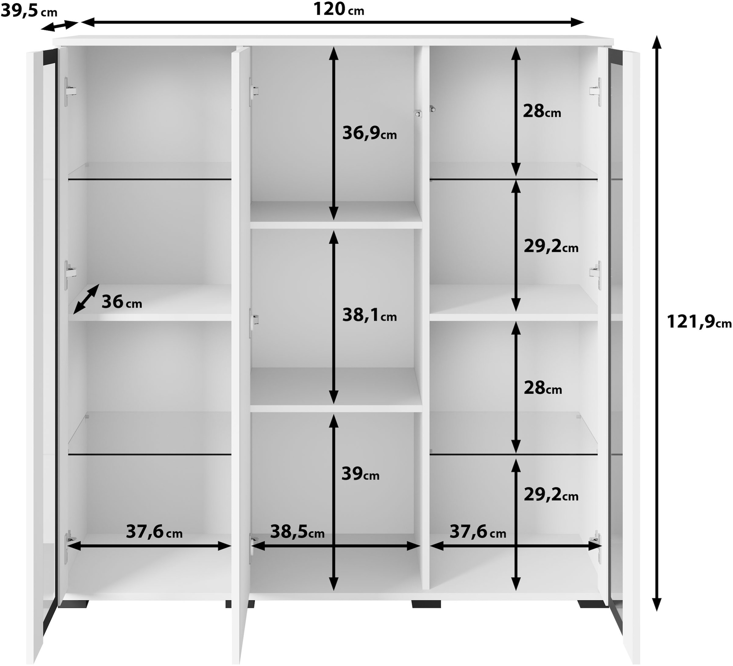 Home affaire Highboard »Caro, modernes Design mit Glaseinsätzen, Breite 120 cm« 1 Stk. tlg. grifflose Fronten mit Push-to-Open, höhenverstellbare Einlegeböden