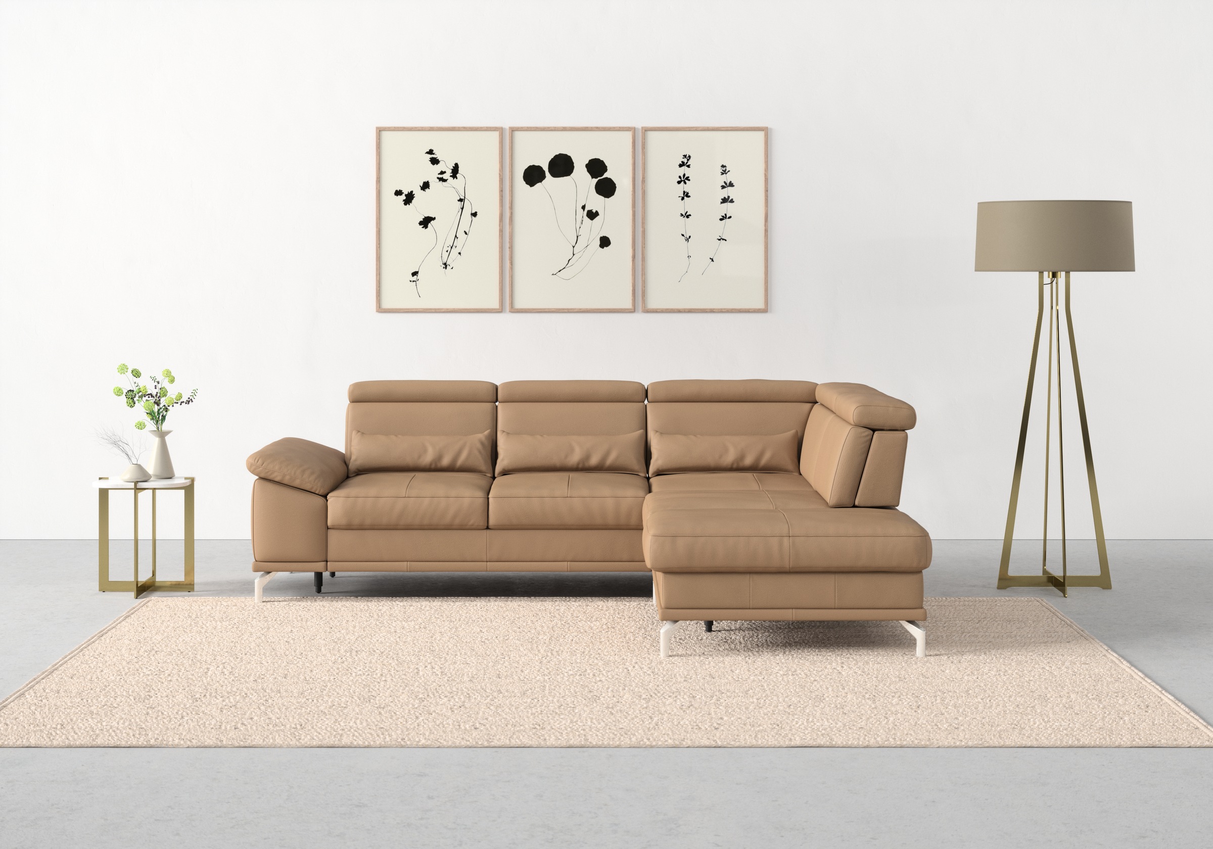 sit&more Ecksofa »Cabrio L-Form, B: 274 cm, mit Sitztiefen-, Arm- & Kopfteilverstellung«, 3 Nierenkissen, Federkern, optional Bettfunktion und Stauraum