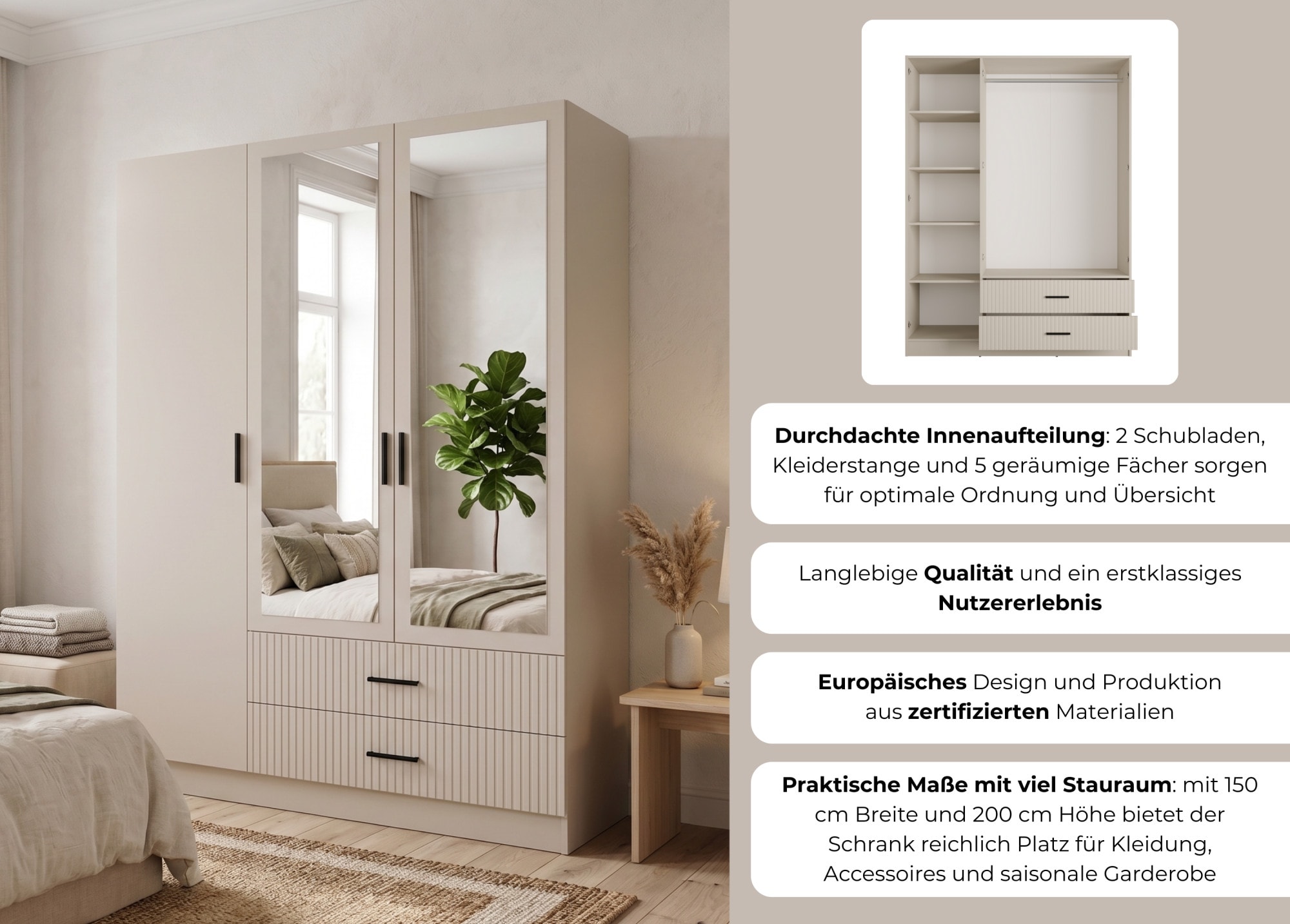OTTO home Kleiderschrank »TERRIK,  modern mit viel Stauraum & geriffelter Struktur, Spiegel« B/H/T ca.  150/200/60 cm,  Garderobe mit 6 Fächern, Kleiderstange, 2 Schubladen, Made in EU