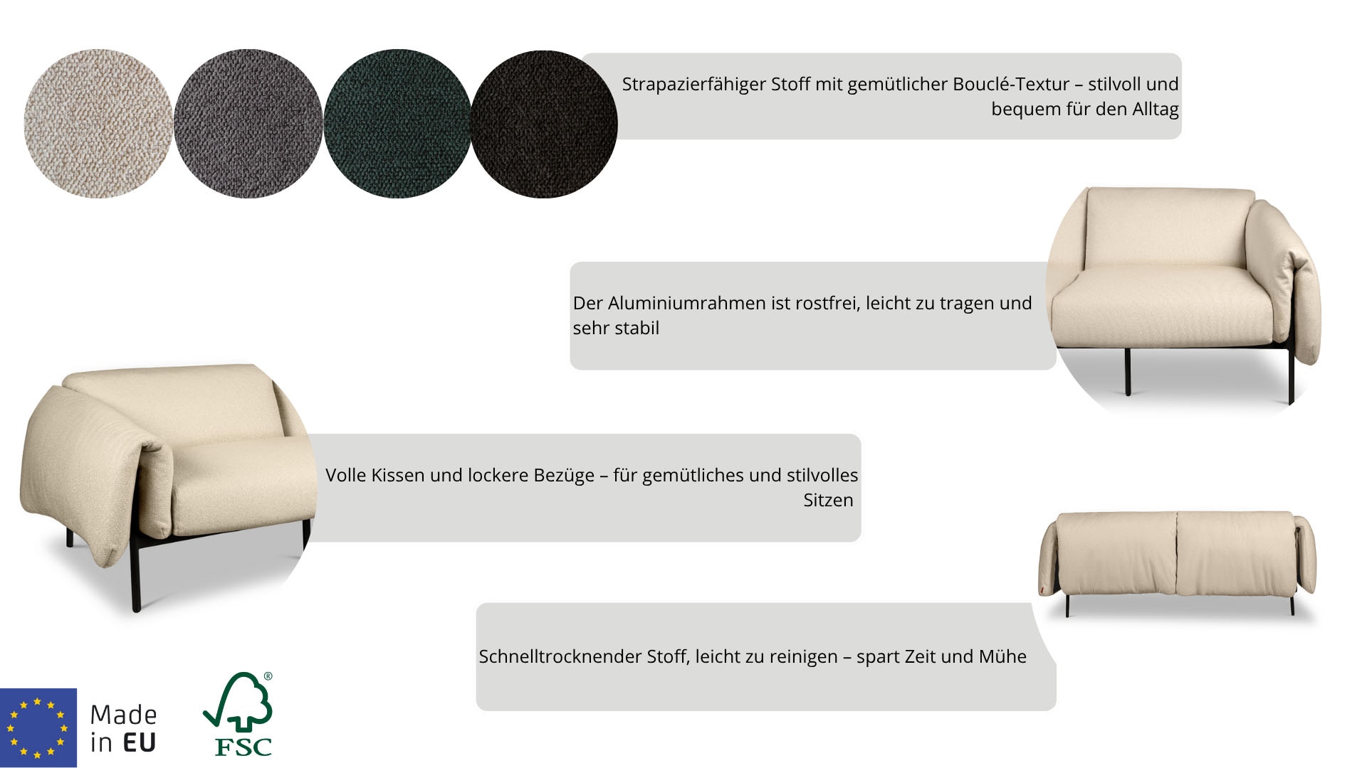 andas 3-Sitzer »Lumi«, Outdoor Gartensofa, wetterfeste Materialien, Breite 228 cm