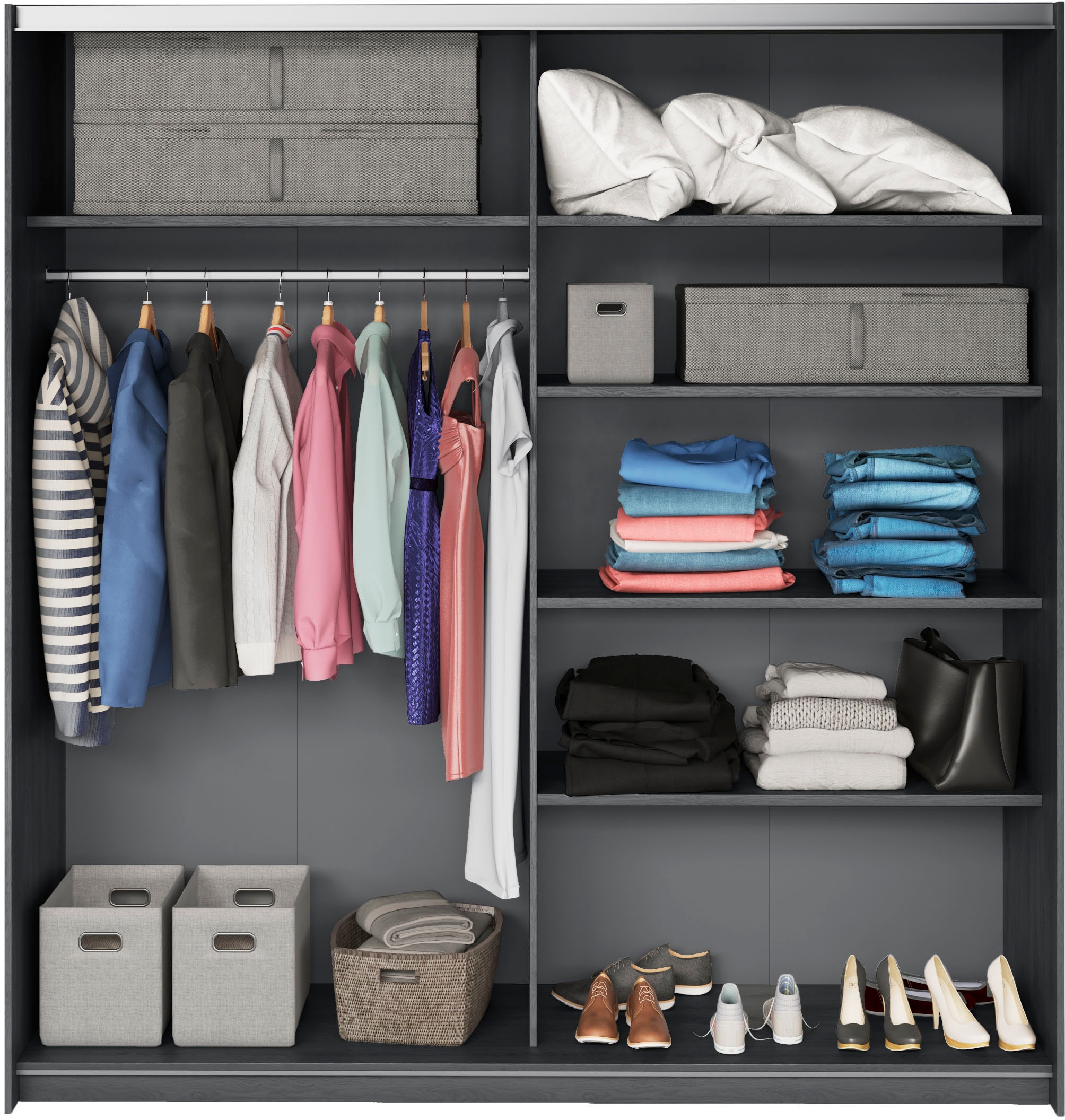 INOSIGN Schwebetürenschrank »Galaxy Kleiderschrank, Wäscheschrank 200, 220 oder 270cm breit«, INKLUSIVE kompletter Innenausstattung, Metallgriffe