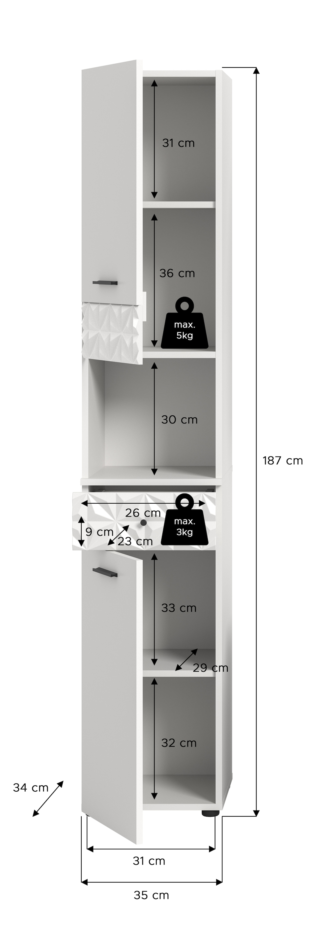 welltime Hochschrank »VICENZA, TOPSELLER!, Höhe 187cm, mit Schubkasten & Ornamentabsetzung« Mehrzweckschrank, Universalschrank, Badschrank, Badhochschrank