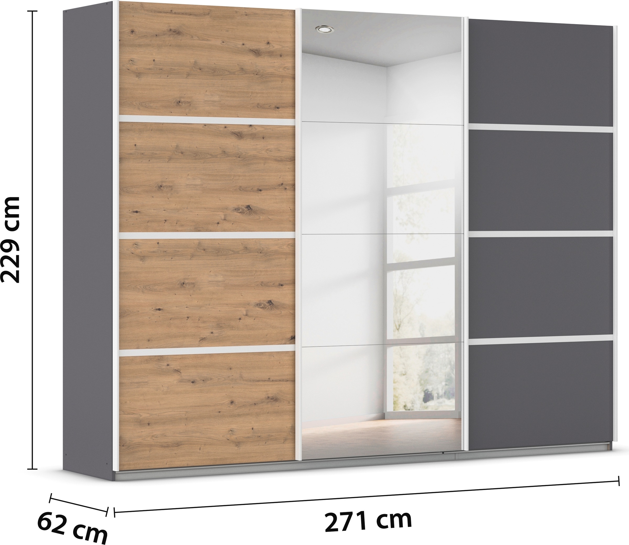 rauch Kleiderschrank »Schwebetürenschrank OTTO´s Choice Garderobe Schrank TOP ANGEBOT Avola«, (in 3 verschiedenen Ausstattungen BASIC/CLASSIC/PREMIUM inkl. Spiegel), mit eleganten Zierleisten in Chrom, Schwarz oder Weiß MADE IN GERMANY