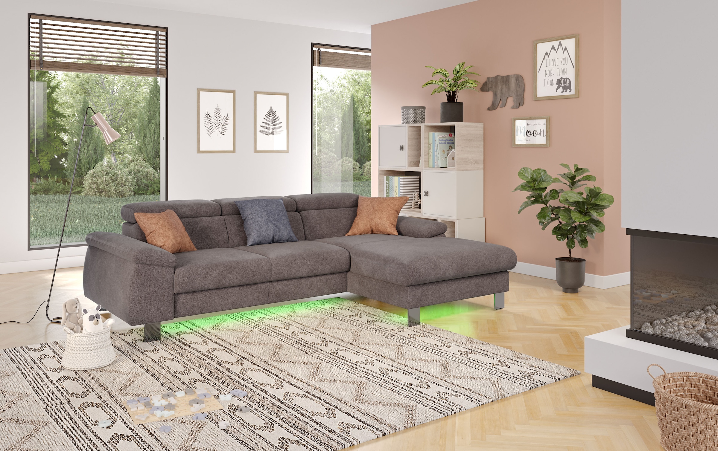 COTTA Ecksofa Komaris, Ecksofa, wahlweise mit RGB-LED-Beleuchtung und Bettfunktion/Bettkasten