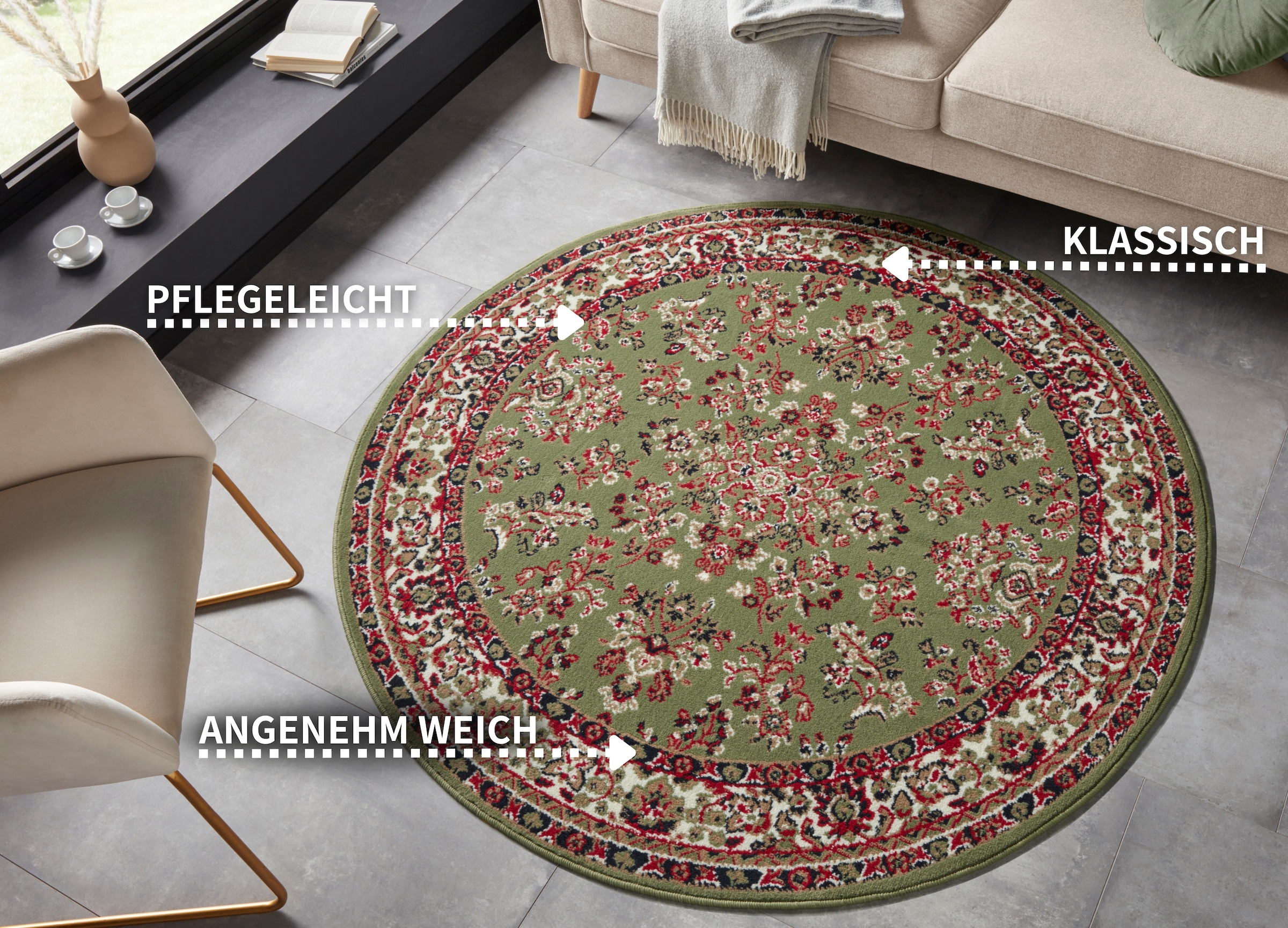 HANSE Home Teppich »Halton« rund 8 mm Höhe Kurzflor, Orient Optik, mit Bordüre, robust, pflegeleicht, gekettelt