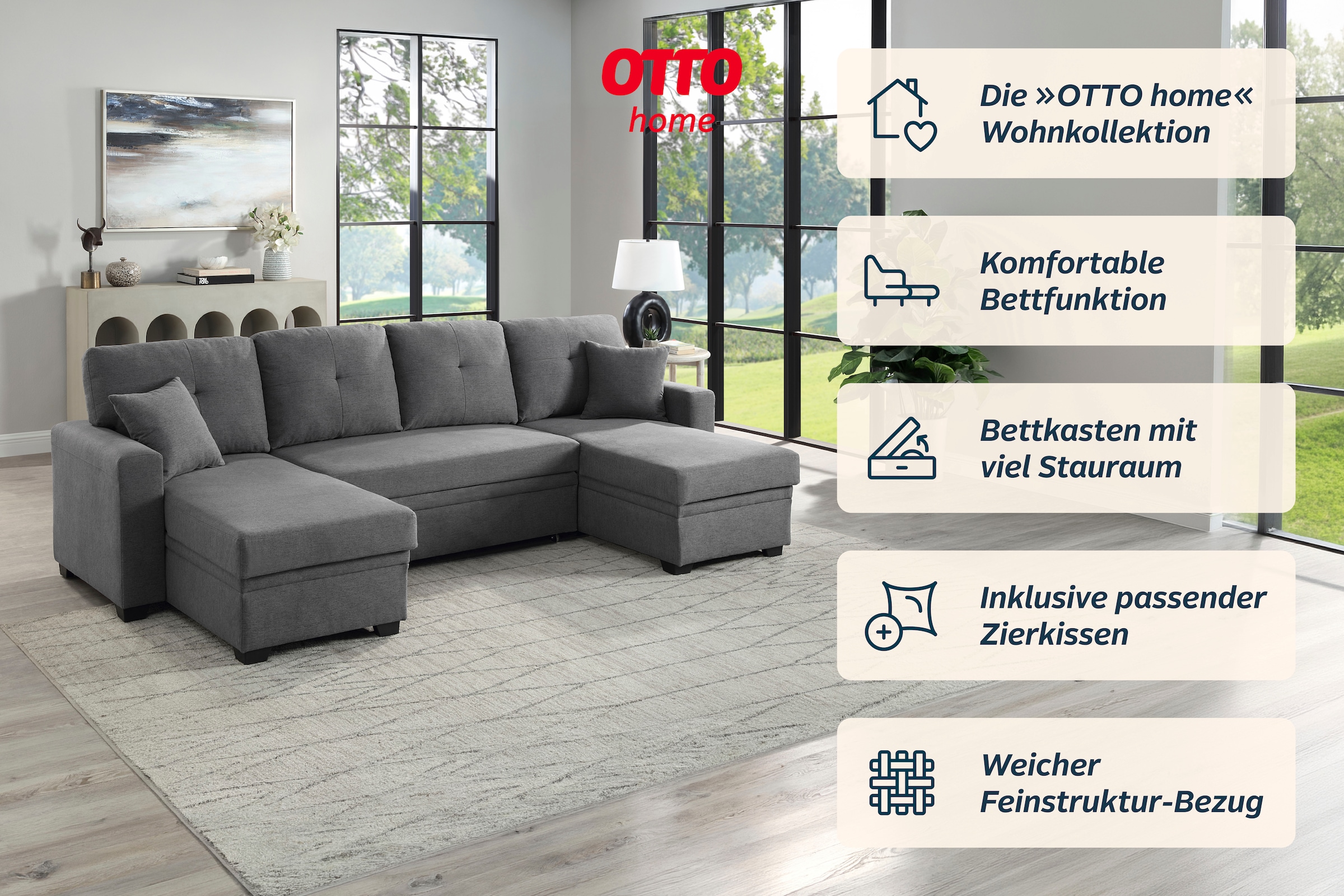OTTO home Wohnlandschaft »Gerrit U-Form, Br. 282 cm Couch, Liegefl. 125x215 cm« mit Schlaffunktion, 2 Bettkästen & 2 Zierkissen