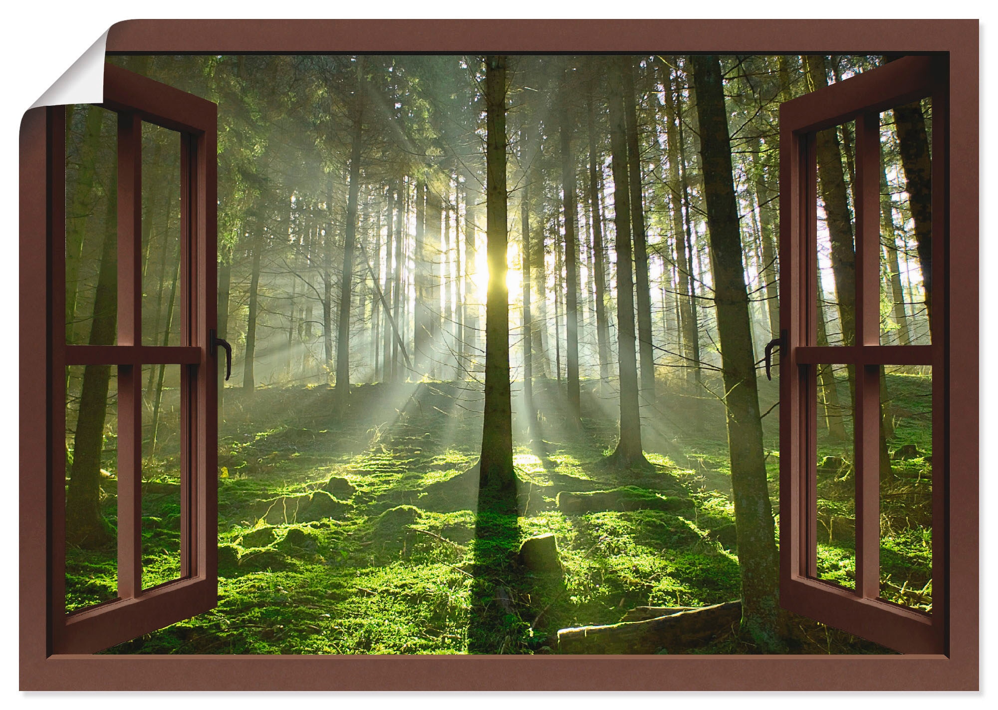 Artland Wandbild Wandaufkleber (1 im Leinwandbild, oder in Fensterblick, Größen auf Wald »Fensterblick versch. kaufen Poster - als Rechnung St.), Gegenlicht«