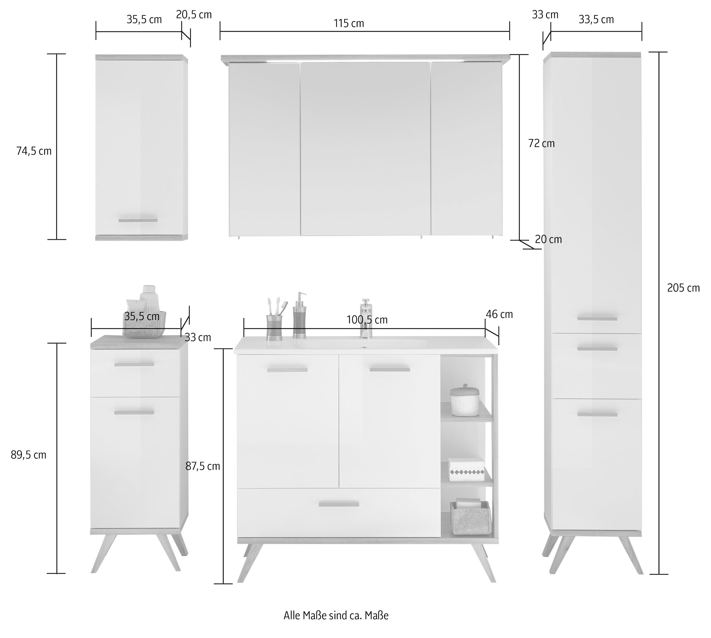 Saphir Badmöbel-Set »Quickset Mineralmarmor-Waschtisch mit LED-Spiegelschrank« 6 Stk. tlg.