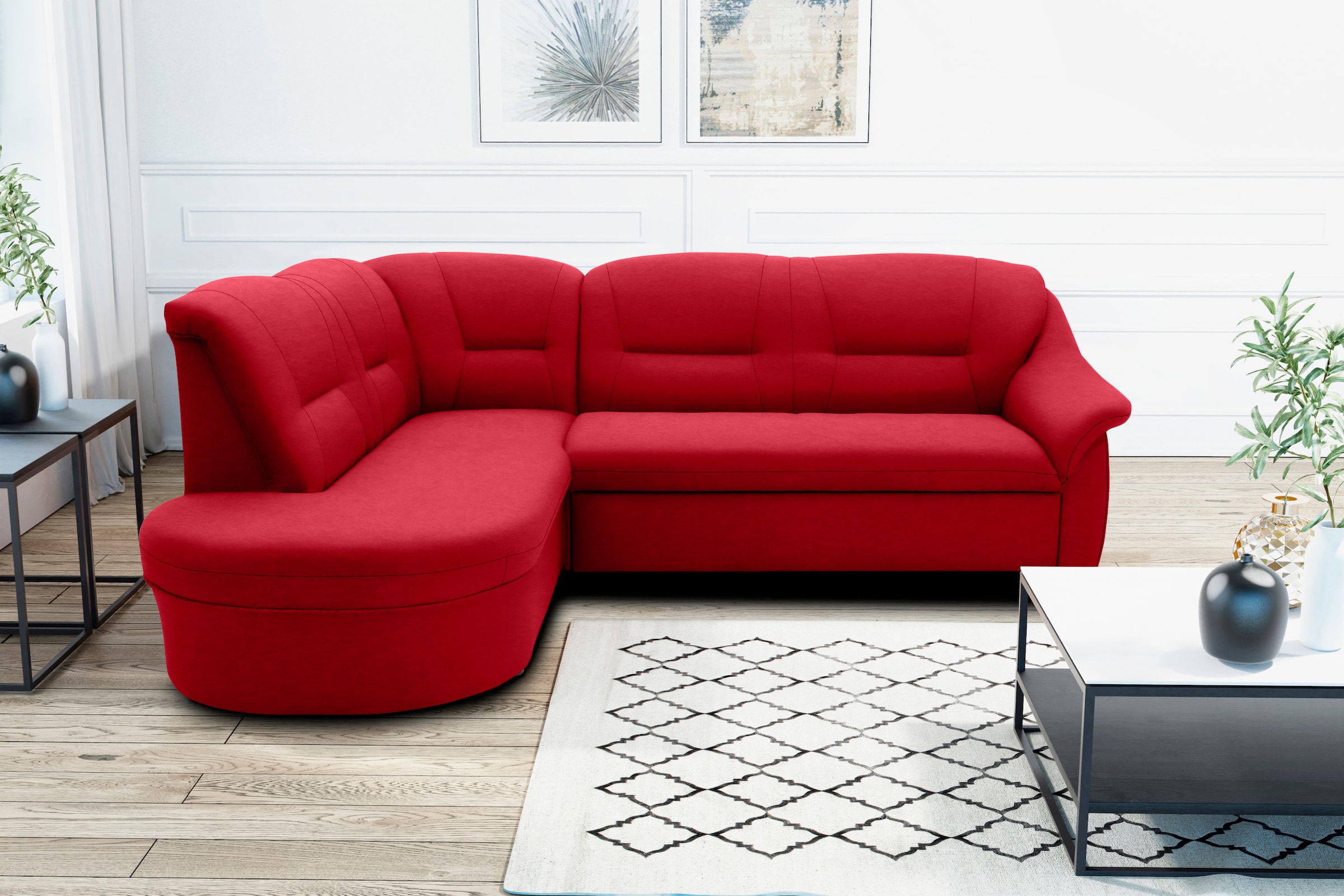 DOMO collection Ecksofa »Faenza für kleine Räume, Stellmaße 232,176cm, komfortabel, L-Form« mit Ottomane, zeitlos, elegante Armlehnen, wahlweise mit Bettfunktion
