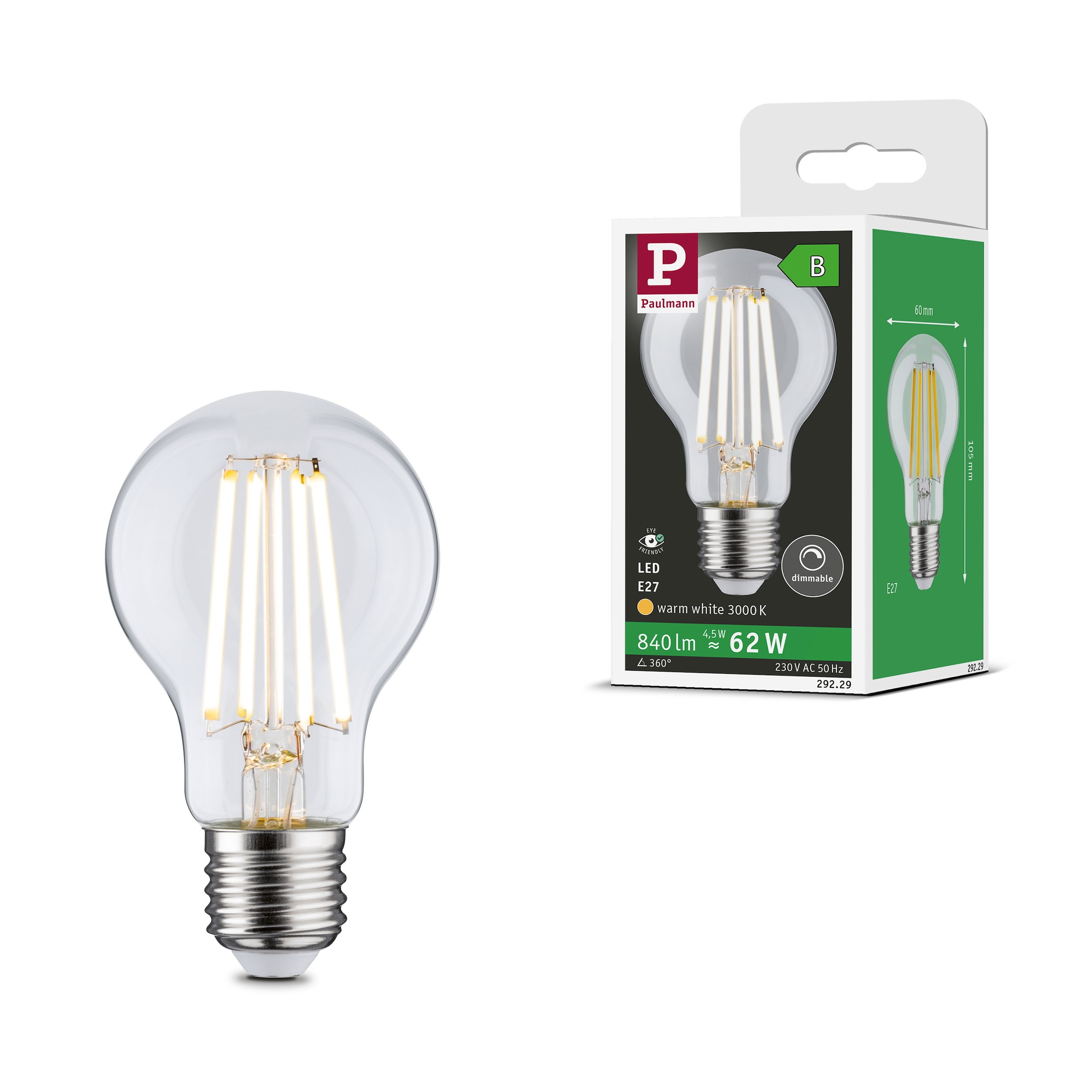 Paulmann LED-Leuchtmittel »Eco-Line AGL 840lm 4,5W 3000K dim klar 230V« E27 1 Stk. Warmweiß