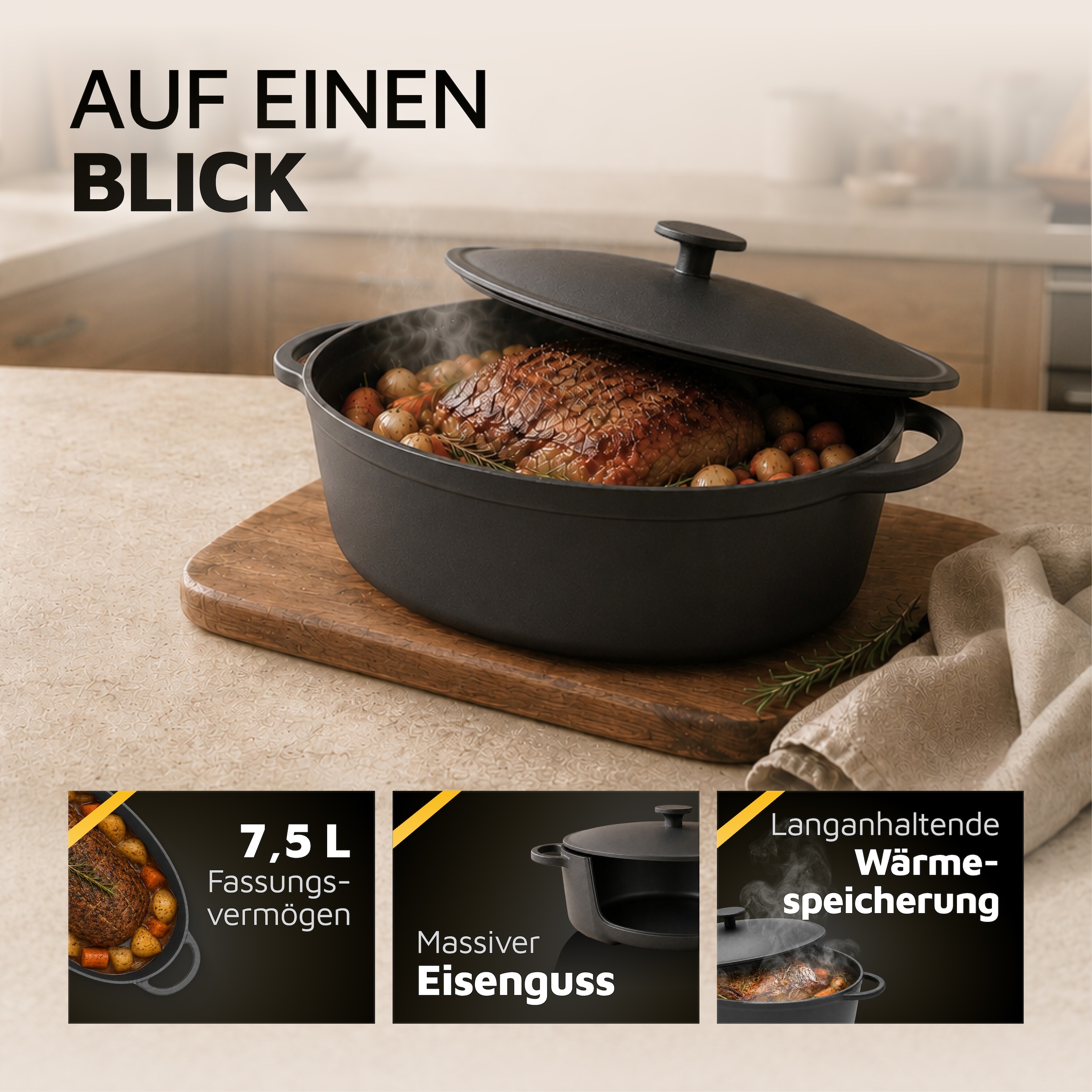 Krüger Bräter »Eisenguss Gansbräter mit Deckel RUSTICA, 34 x 27 x 12,5 cm« 1 Stk. tlg. Gusseisen