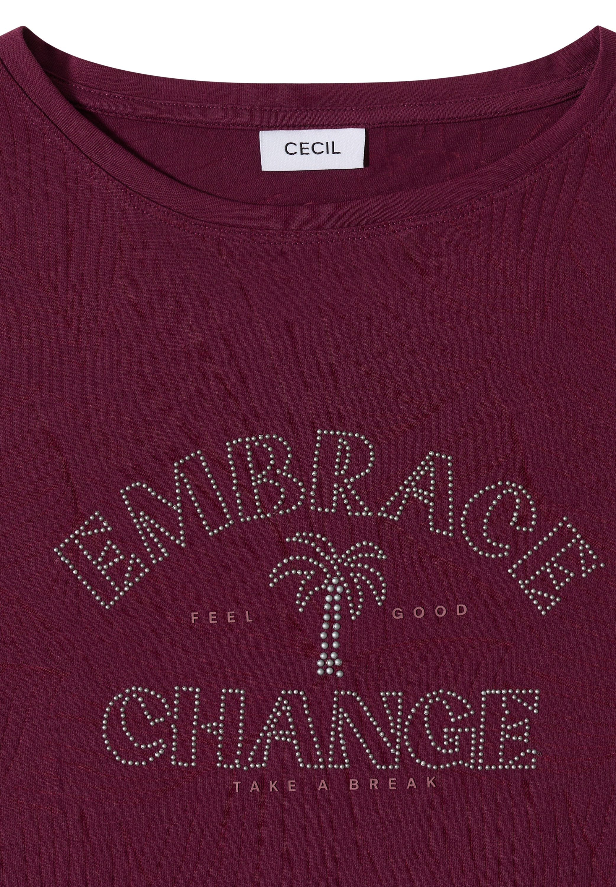 Cecil Rundhalsshirt Sommershirt im Ausbrenner-Look mit Wording