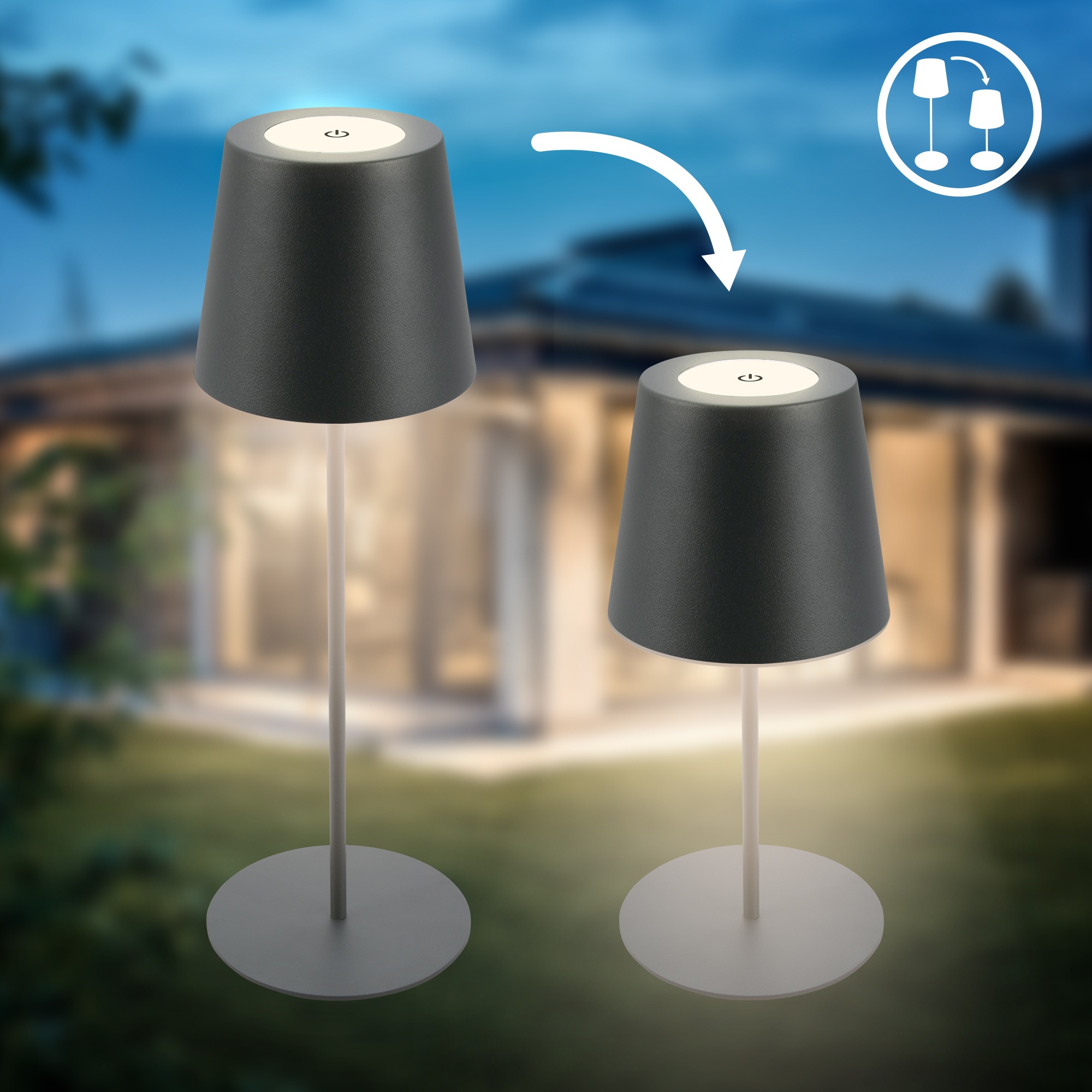 B.K.Licht Außen-Tischleuchte »BK_TL1593 Akku LED Tischlampe, 3-Stufen Touchdimmer, mit USB« LED-Modul 1 Stk. Extra-Warmweiß 2.700 K, 200 Lm, 2,5W, IP44, 12h Leuchtdauer, 36 x 10,5 cm, Anthrazit