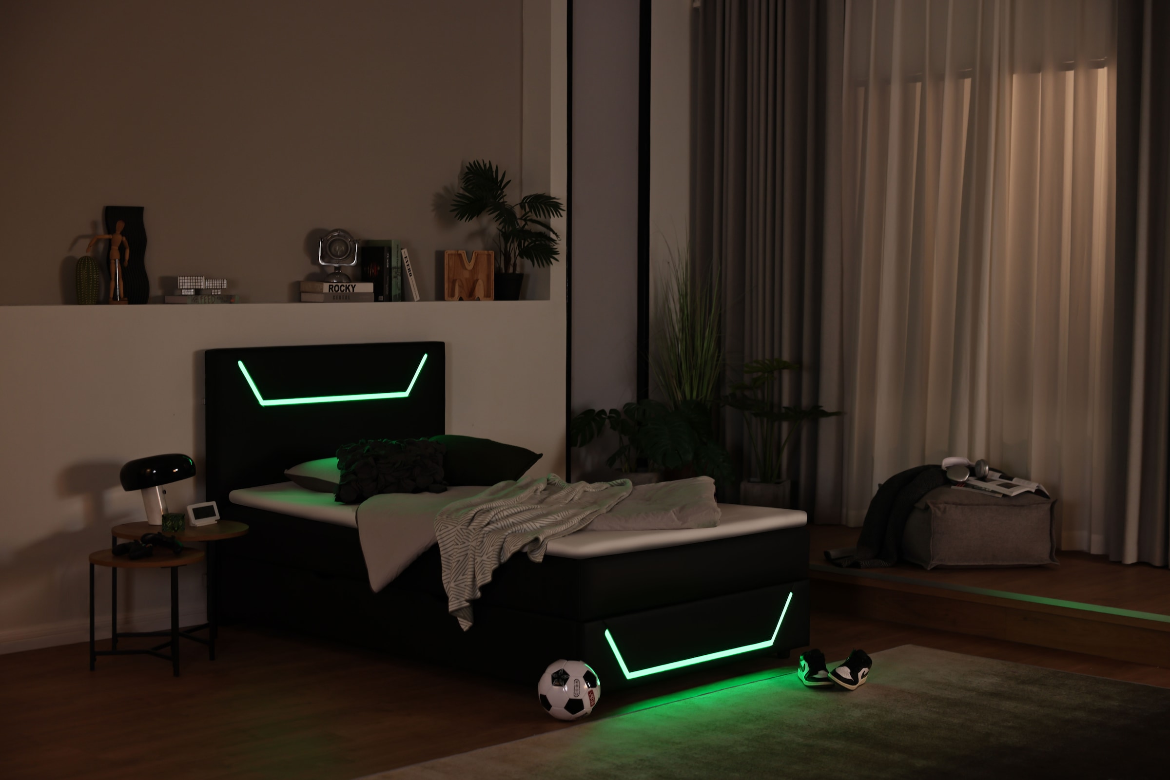 Home affaire Boxbett »GALAXY inkl. Bettkasten, mit grüner LED-Beleuchtung, Breite: 120cm« Gamingbett mit USB-C und USB-A Anschluss am Kopfteil, inkl. Topper
