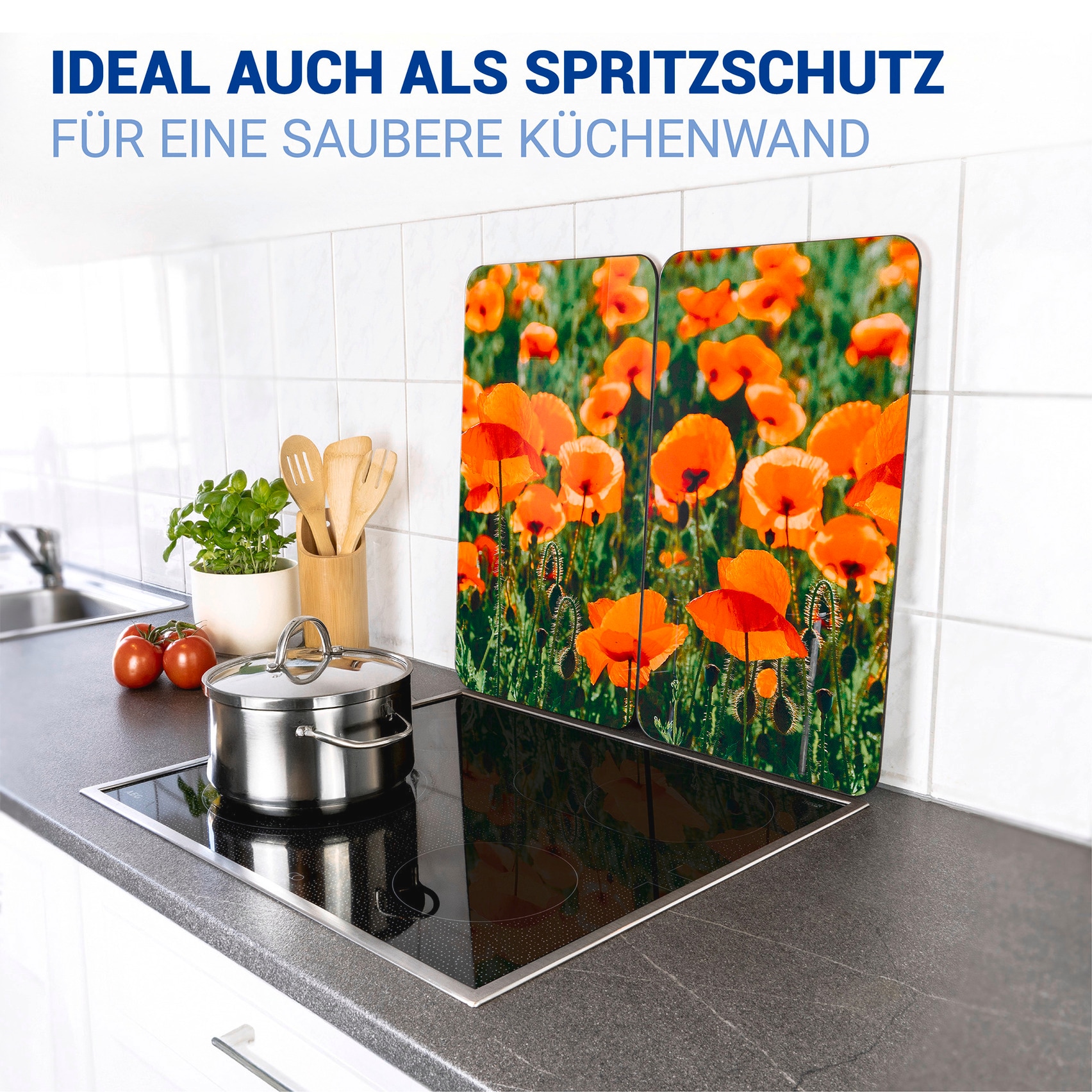 WENKO Herd-Abdeckplatte »Universal Modell Mohnfeld«, (Set, 2 tlg.), Herdabdeckung für alle Herdarten, kratzfest, mit rutschfesten Füßen