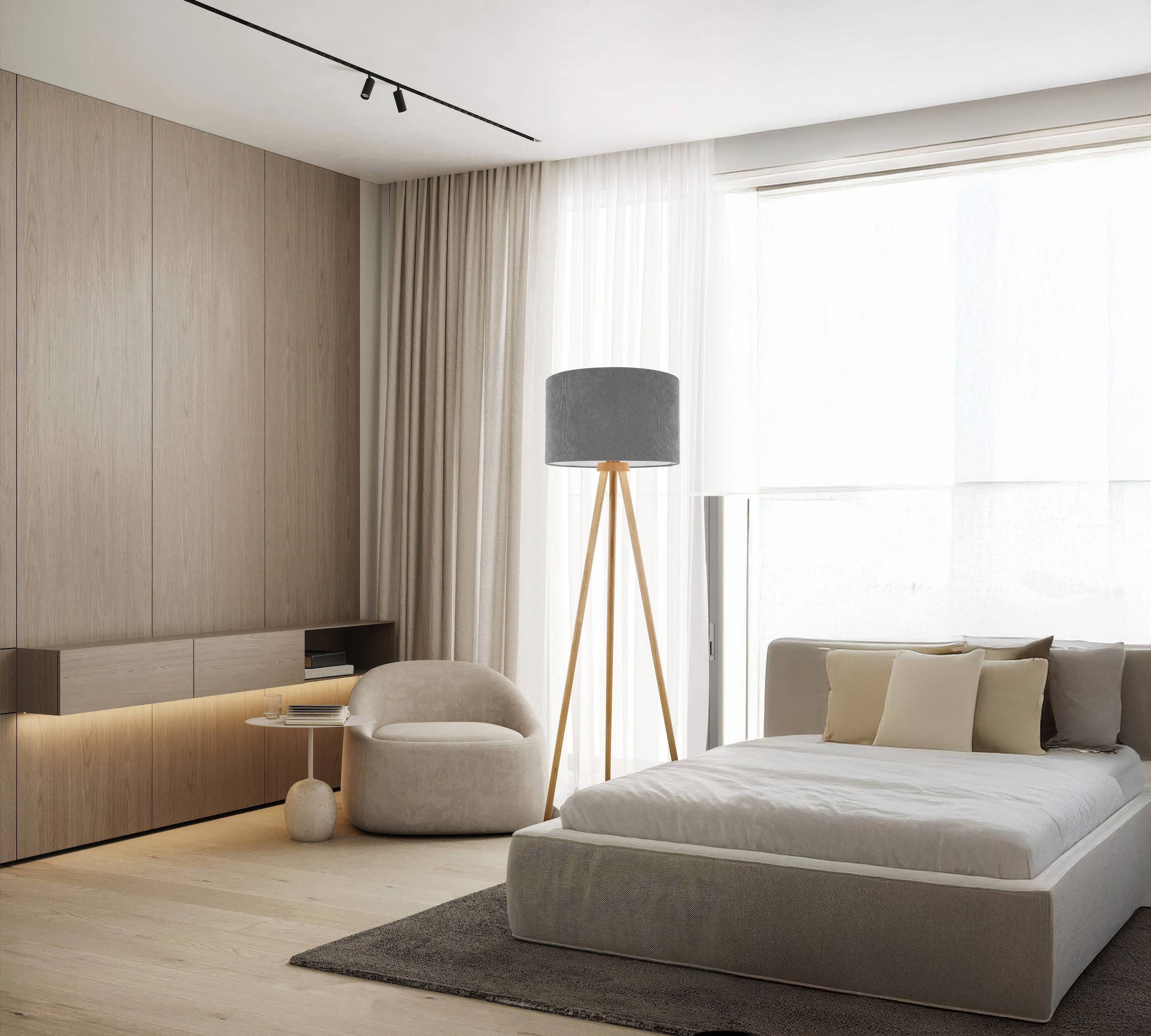 OTTO home Stehlampe »Torell - Dreibein Stehleuchte« E27 1 Stk. Textil, Dreibein Holz, E27, Kabel 300cm, Leinen o. Cord, Textilschirm