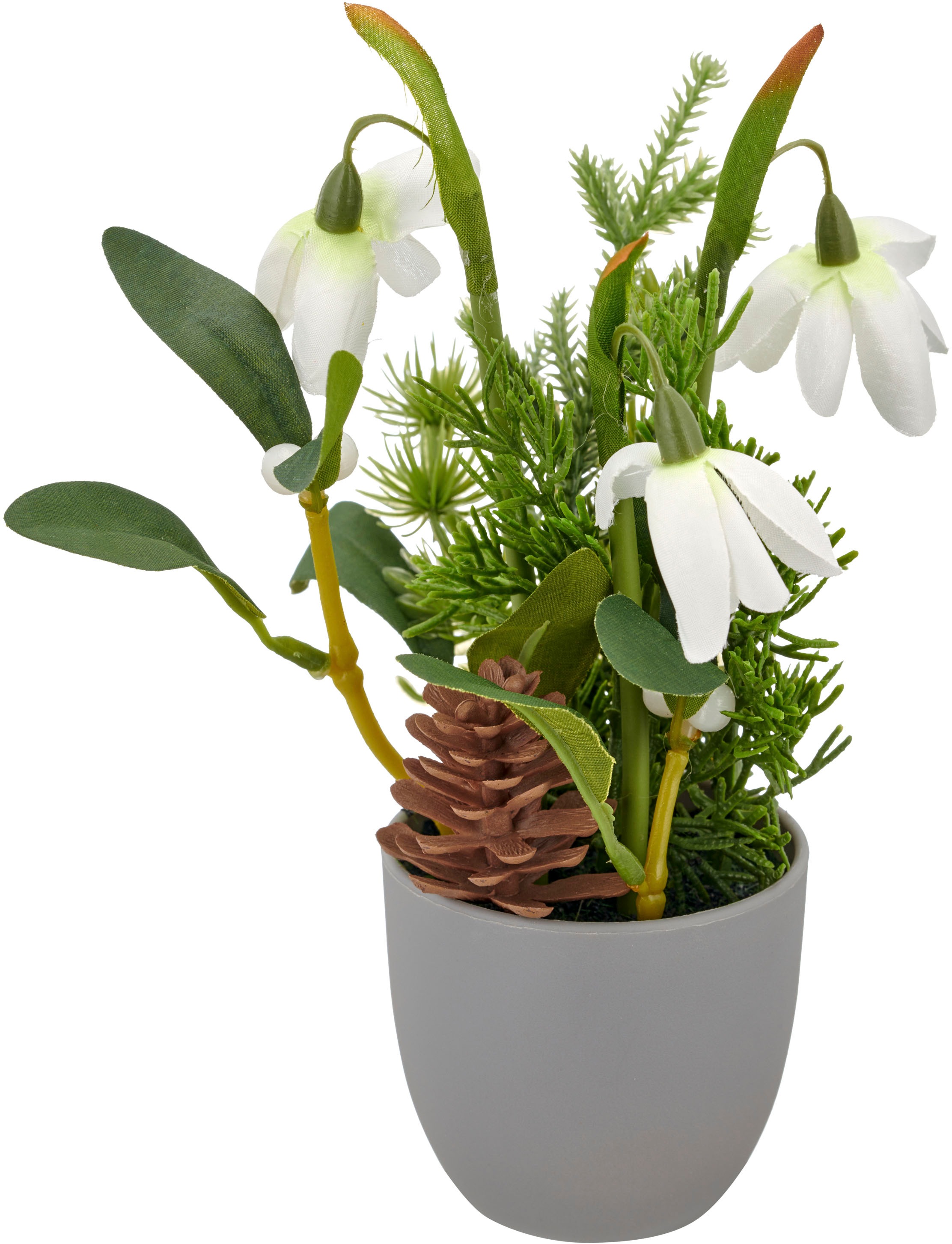 Creativ green Winterliche Kunstpflanze »Arrangement mit Schneeglöckchen« mit Tannenzweigen und Zapfen