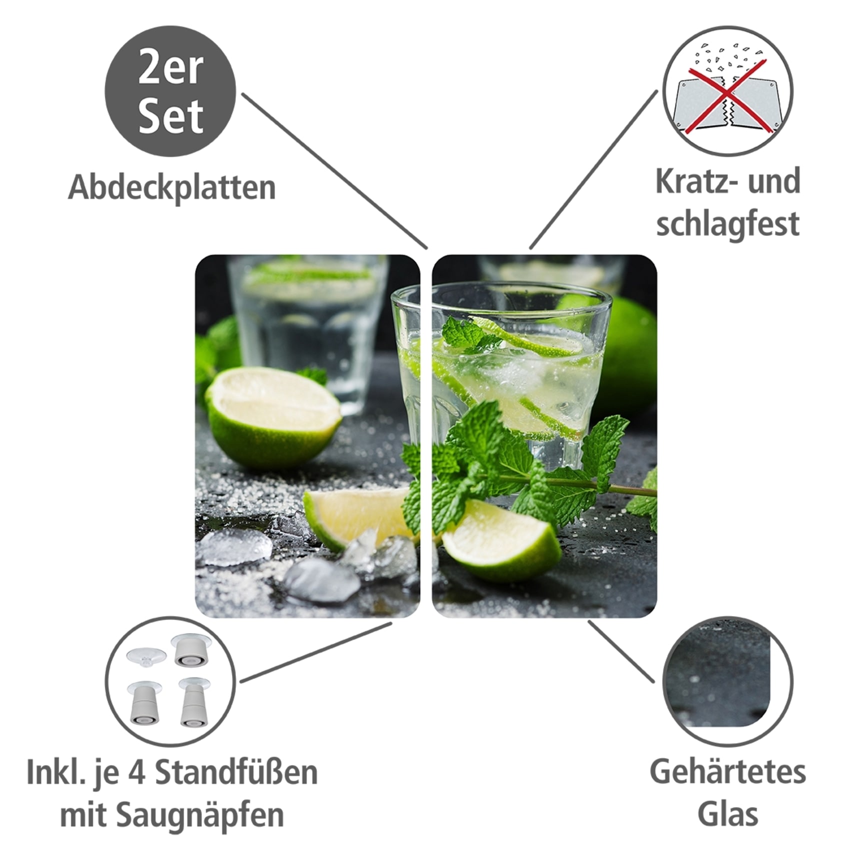 WENKO Herd-Abdeckplatte »Universal Modell Mojito«, (Set, 2 tlg.), Herdabdeckung für alle Herdarten, kratzfest, mit rutschfesten Füßen