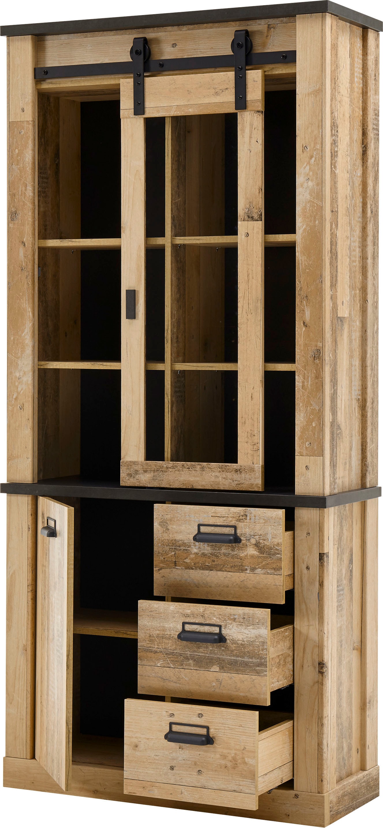 Home affaire Wohnwand »SHERWOOD«, (4 St.), mit Scheunentorbeschlag, Apothekergriffe aus Metall, Breite ca. 388 cm