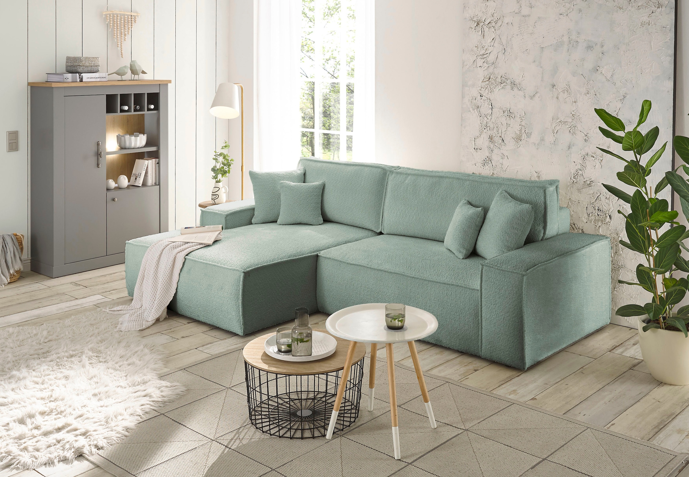 andas Ecksofa »Finnley Schlafsofa 267 cm in Bouclé, Struktur fein u. Cord, L-Form,«, Schlaffunktion m. Bettkasten (136/210 cm), Bouclé, Struktur und Cord