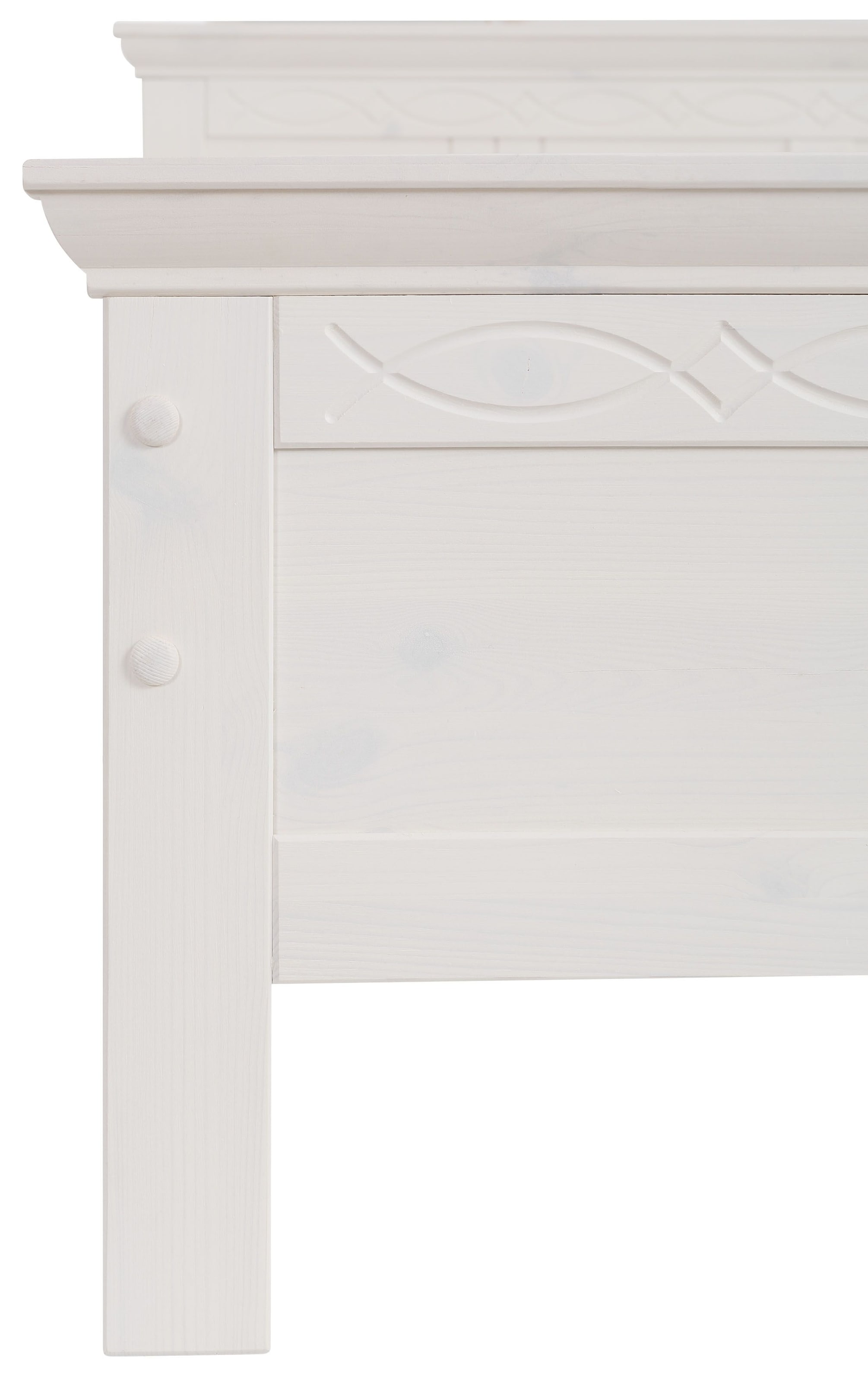 Home affaire Massivholzbett »Indra, TOPSELLER, Landhausstil, edles Design,zertifiziertes Massivholz«, (Breite/Belastbarkeit 180cm/220 KG, 140cm/180 KG, 90cm/120 KG), mit dekorativen Fräsungen, in 2 Breiten und Farben