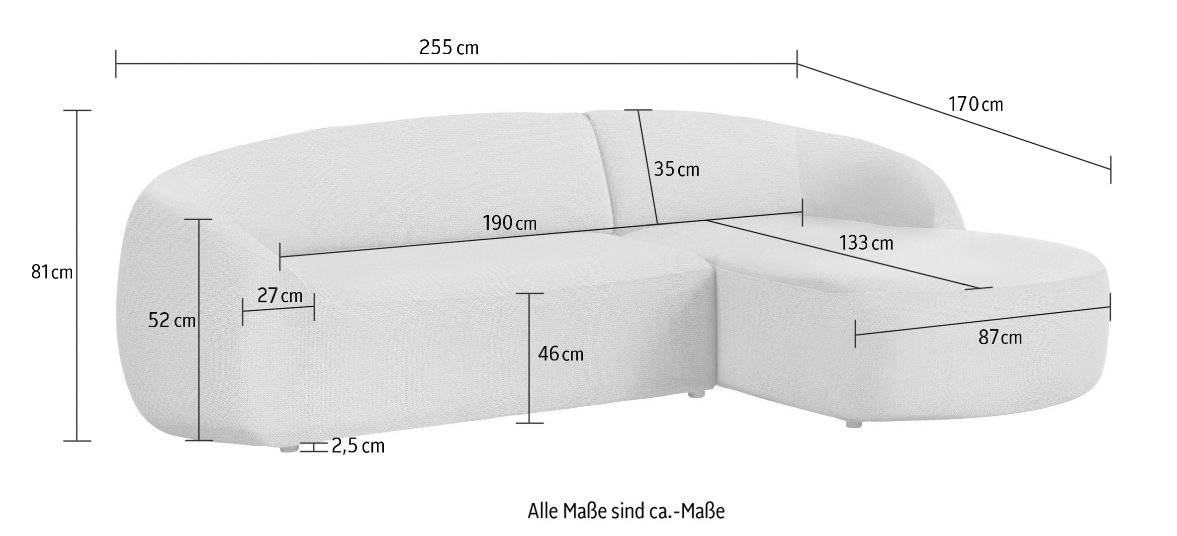 LeGer Home by Lena Gercke Ecksofa »YANI, L-Form, Designersofa, organische Form, Maße B/T/H: 255/170/81 cm« L-Form, Designersofa, organische Form, Maße B/T/H: 255/170/81 cm