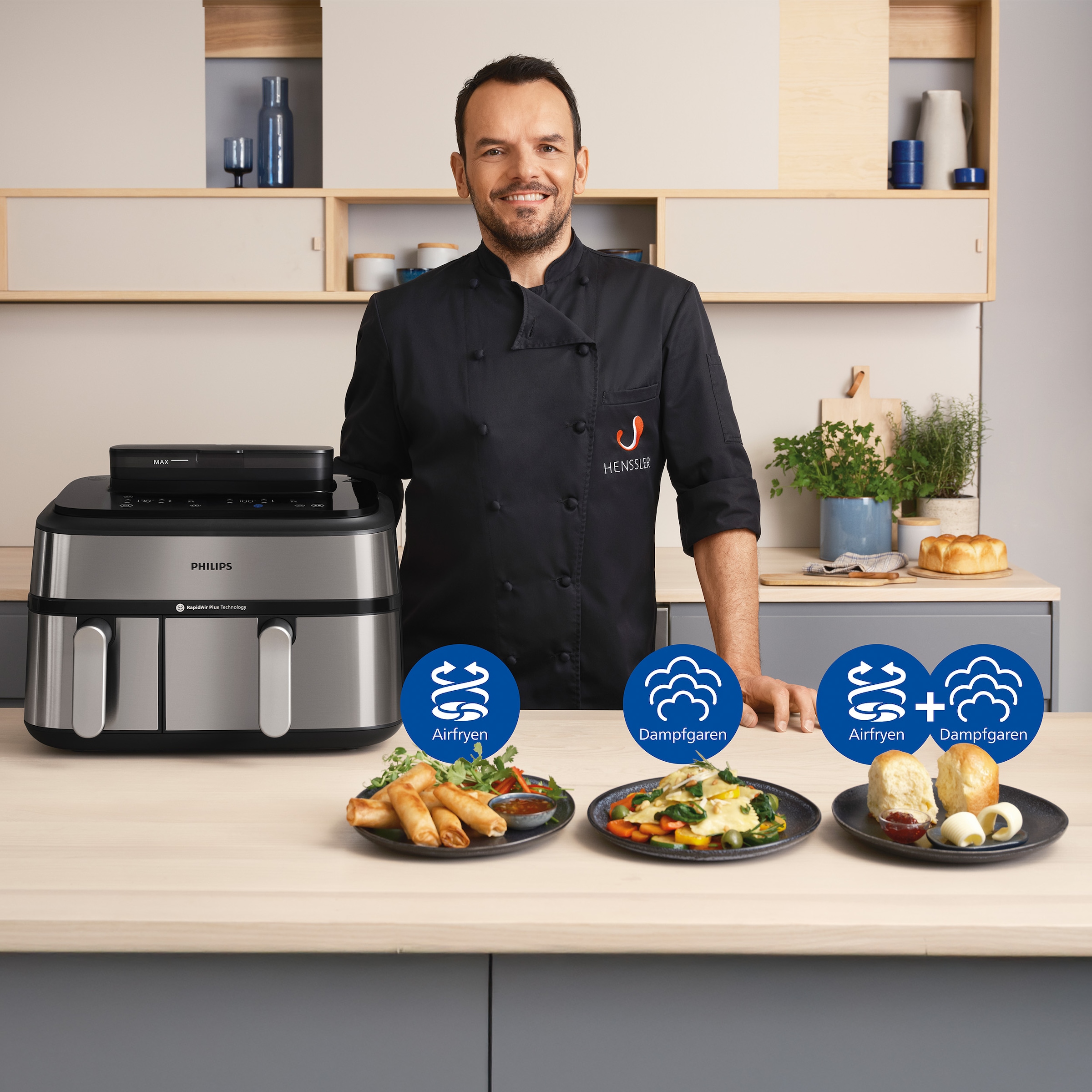 Philips Heißluftfritteuse »NA555/00 Steam Airfryer 5000 Series Dual Basket, 9L Kapazität (3L+6L)«, 2750 W, mit Dampfgar-Funktion; Silber/Edelstahl