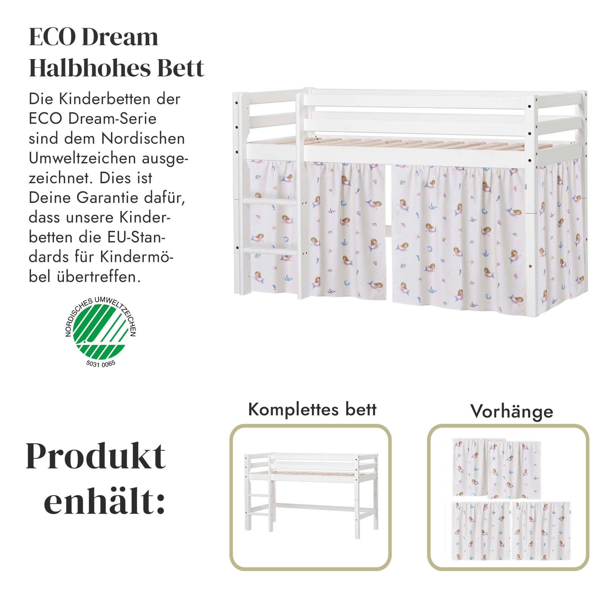 Hoppekids Spielbett »ECO Dream«, Massivholzbett mit Meerjungfrau-Vorhang, Matratze & 2 Größen wählbar