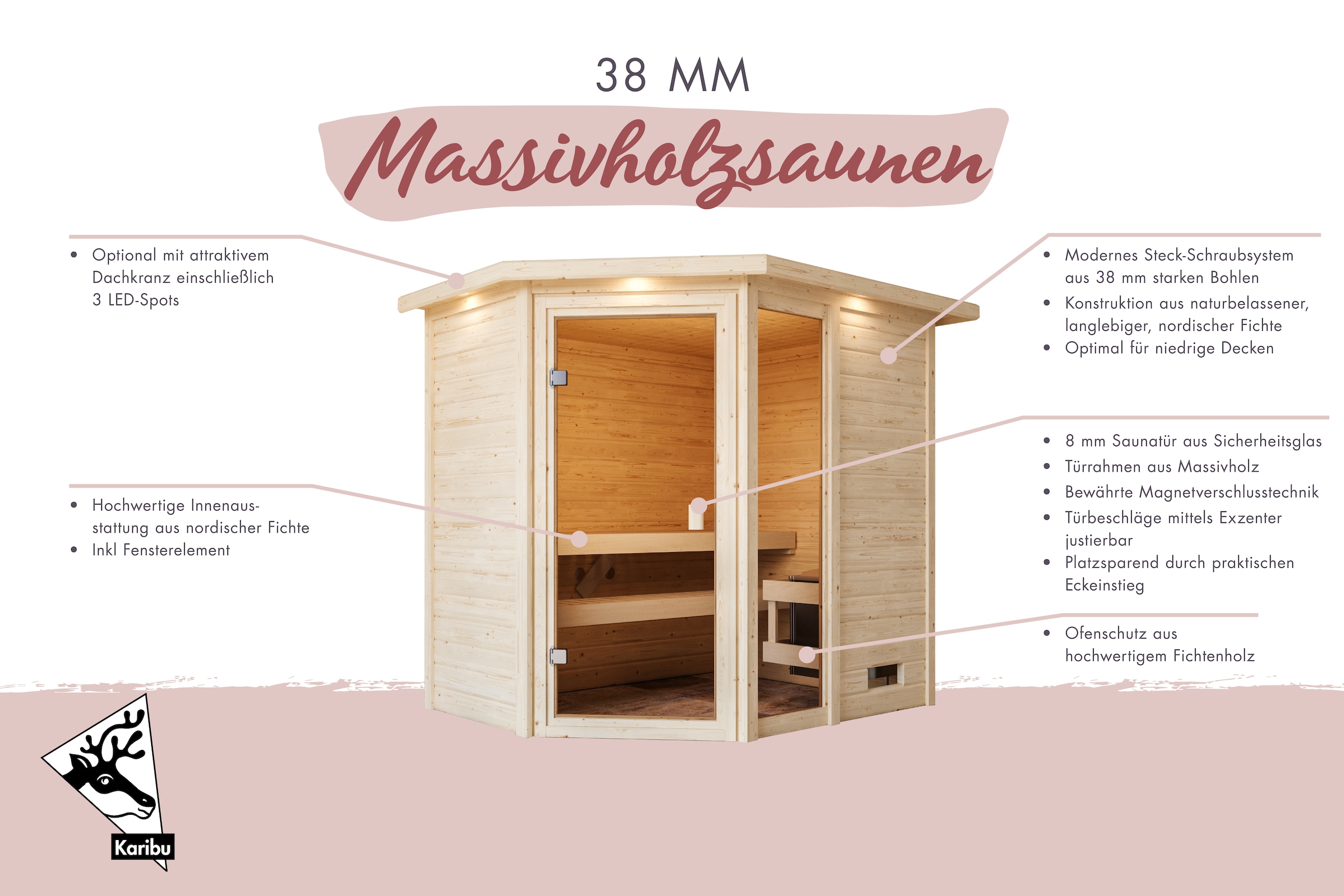 Karibu Sauna »"Josie" mit bronzierter Tür, naturbelassen« aus hochwertiger nordischer Fichte