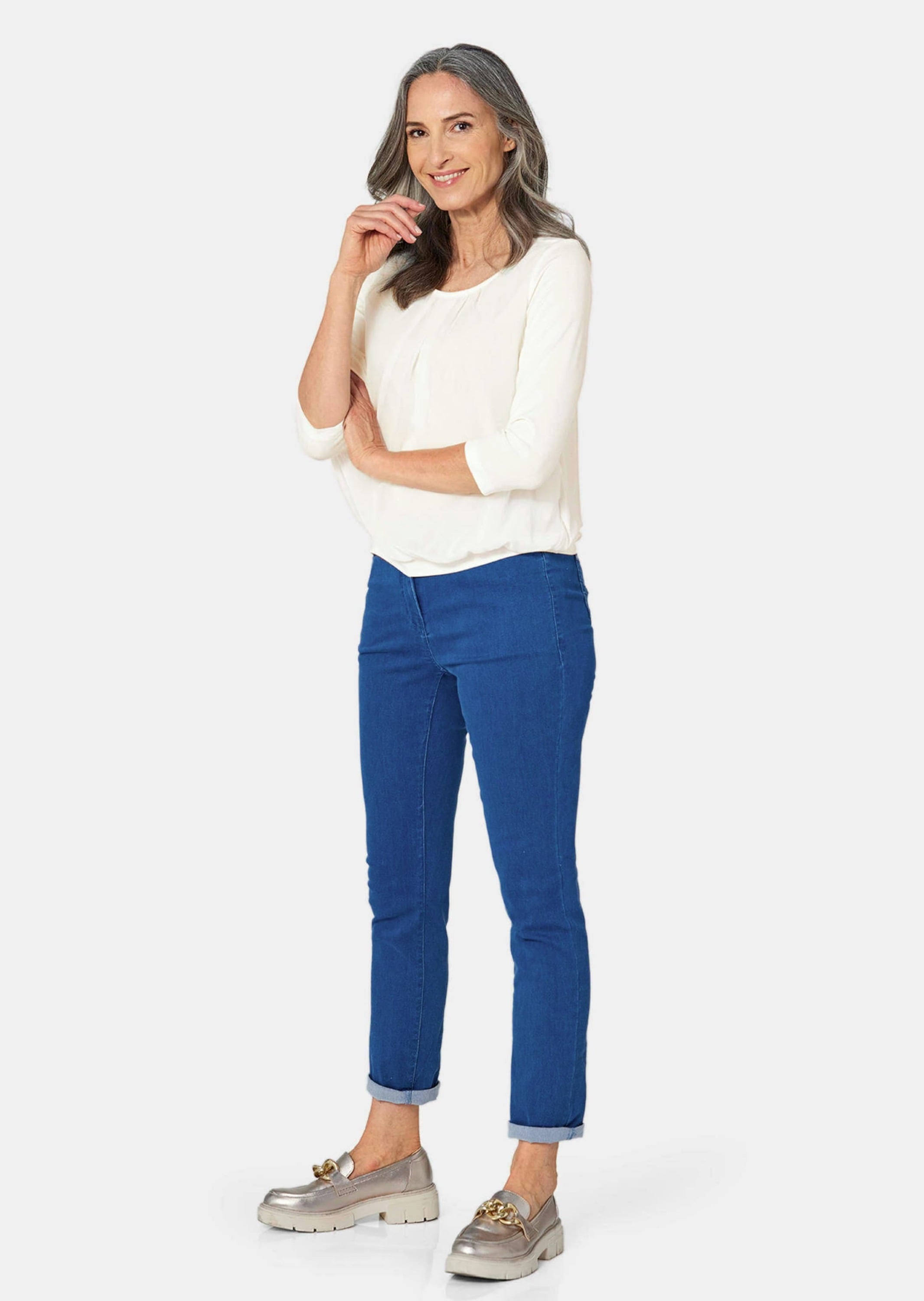 GOLDNER Kurzarmbluse »Chiffon-Shirt mit 3/4-Arm, Rundhals«