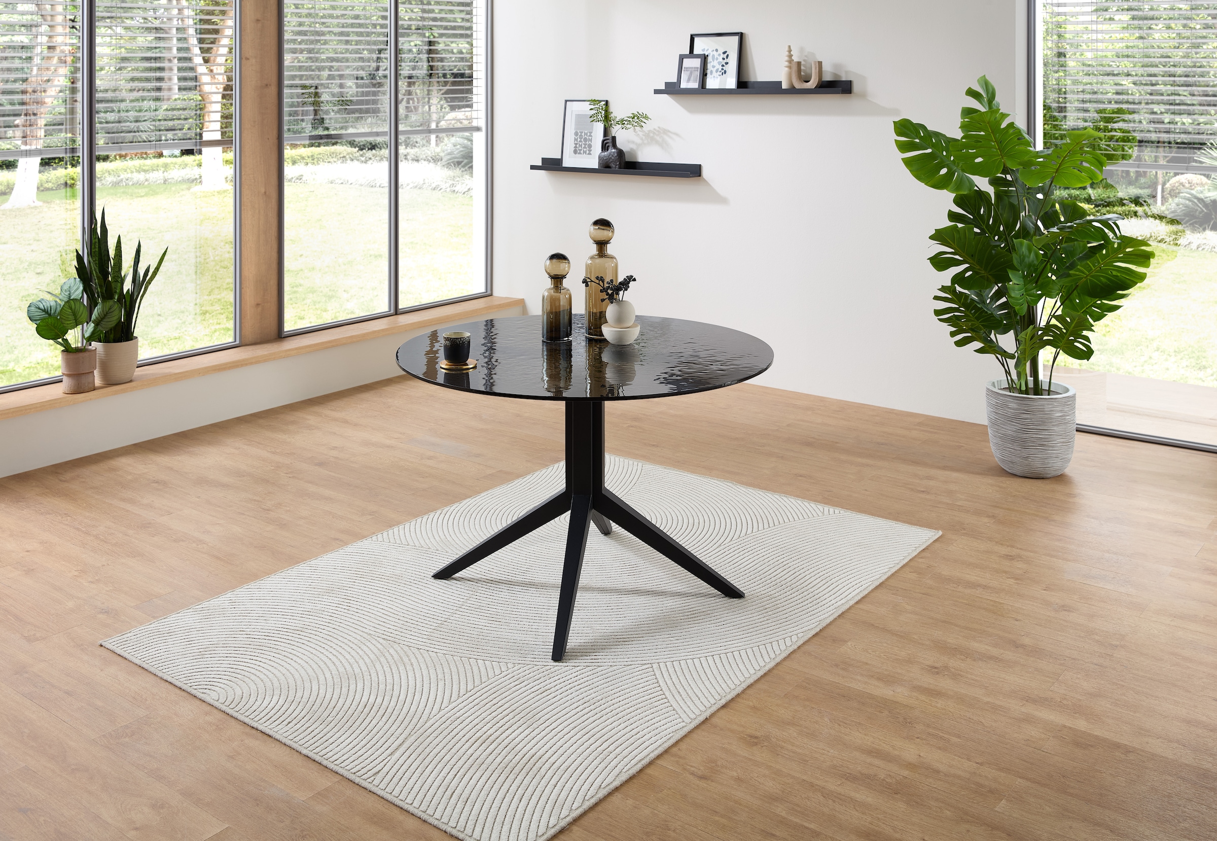 Stolkom Esstisch »Leano Glastisch rund schwarz, Esszimmertisch BxH 110x76 cm«, Sicherheitsglas Bruchsicher, Water Ripple Effekt schwarz getönt