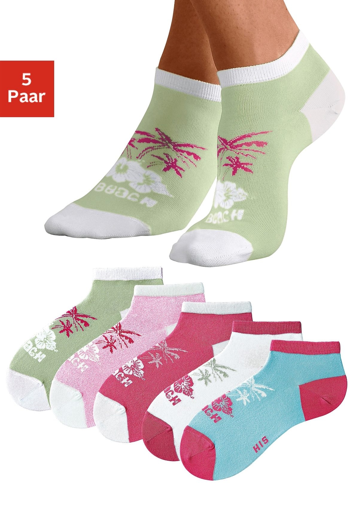 Sneakersocken, (Packung, 5 Paar), im farbenfrohen Hawaii Design