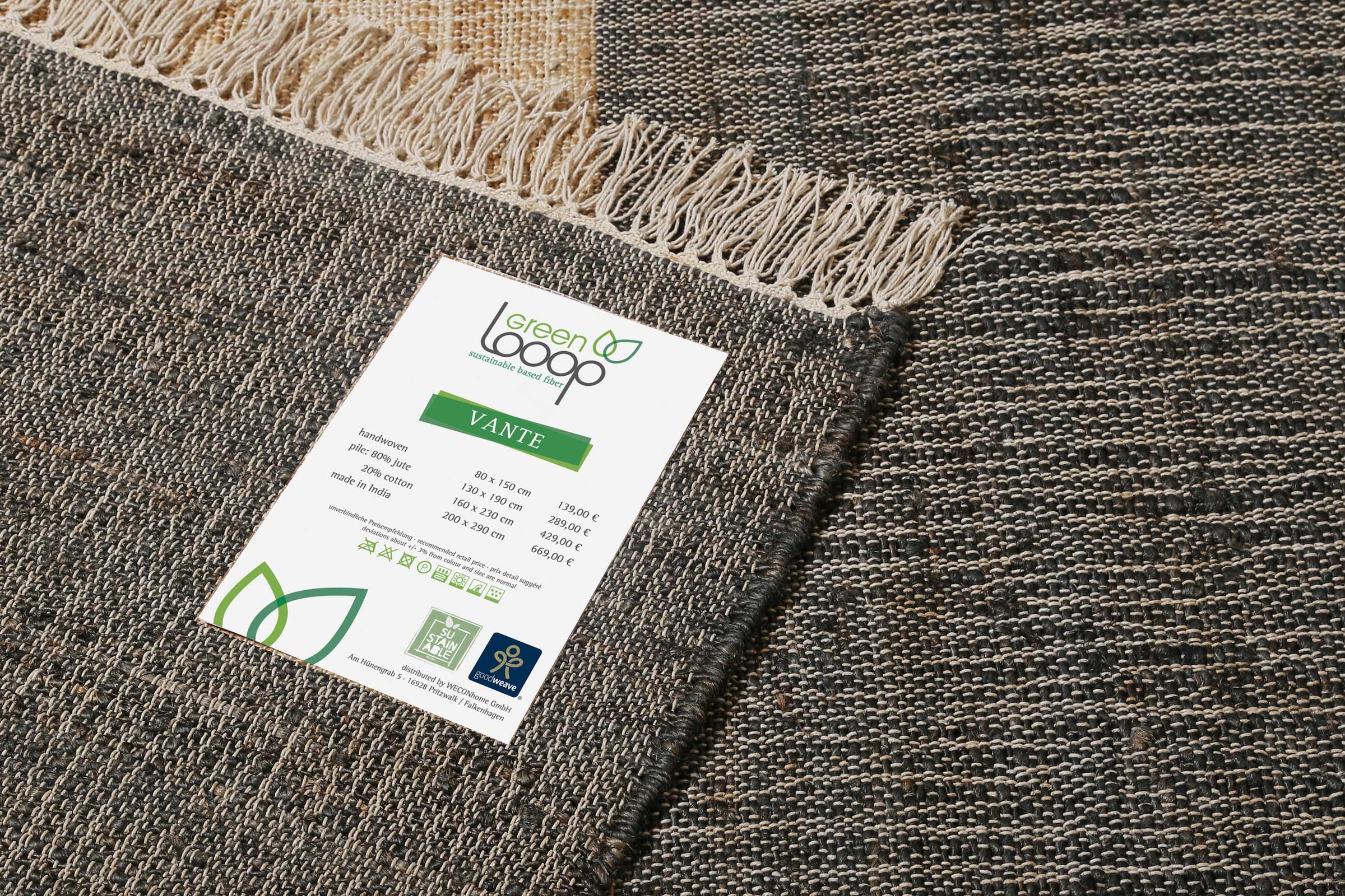 Green Looop Teppich »Vante GL-82308«, rechteckig, 4 mm Höhe, Naturfaser Teppich aus 80% Jute 20% Baumwolle, mit Fransen, Wohnzimmer