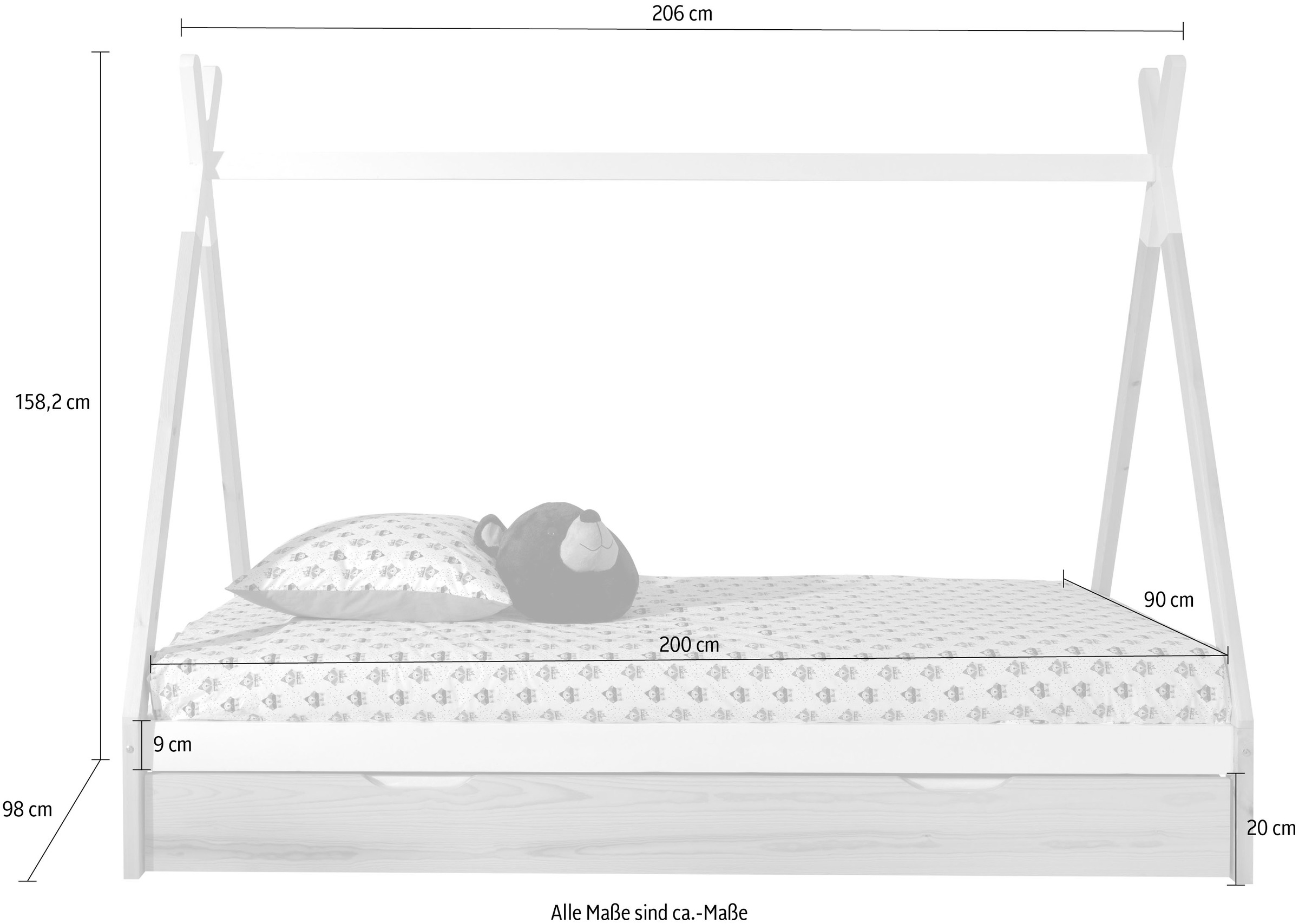 Vipack Kinderbett »TIPI, Kiefer massiv, 2-farbig lackiert, mit Rolllattenrost«, (B/H/T ca. 206x158,2x98cm, Querstange kann hübsch dekoriert werden), 90/200, wahlweise mit oder ohne Schublade
