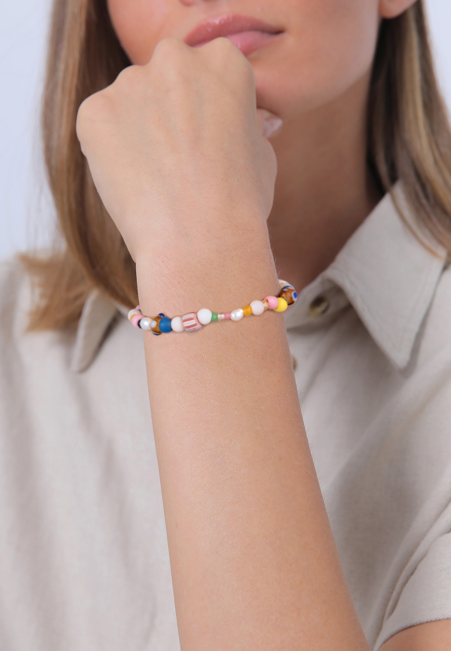 Elli Premium Armkette »Armband Perlen Glas Edelsteine Bunt Sommermix 925 Silber«