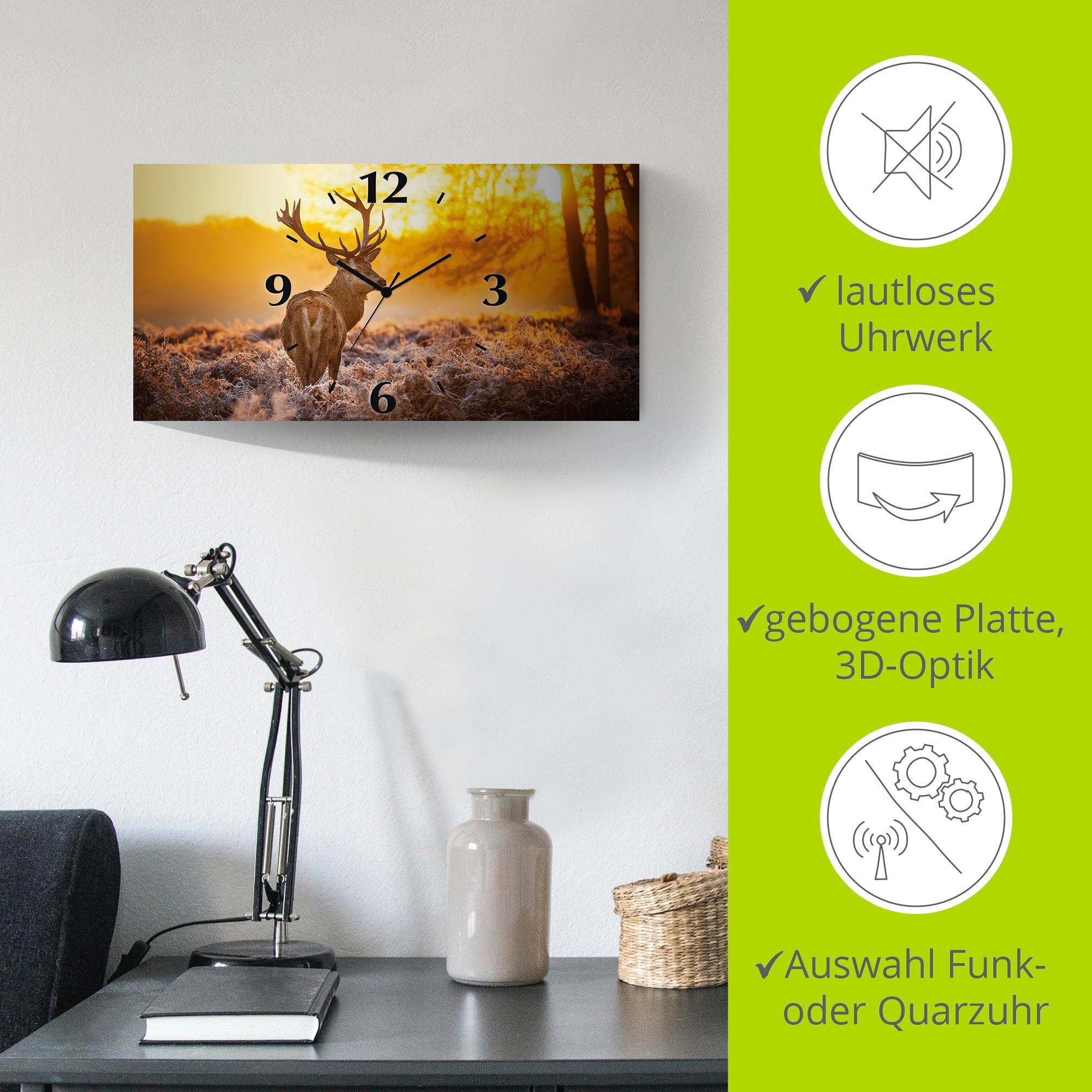 Artland Wanduhr »Rotwild«, 3D Optik gebogen, mit Quarz- oder Funkuhrwerk, versch. Größen