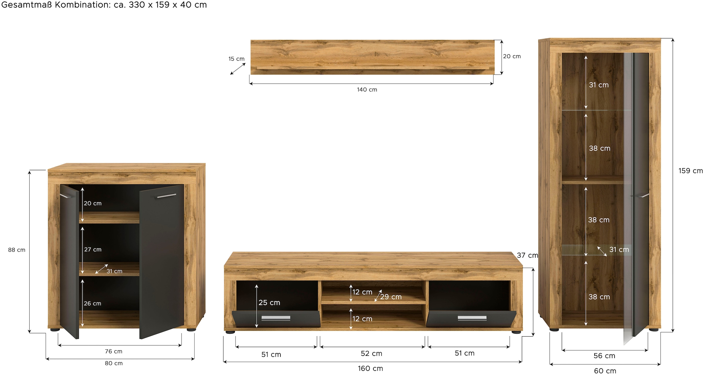 INOSIGN Wohnwand »Aosta, Breite 330cm, best. aus Highboard, Lowboard, Wandboard, Vitrine«, (4 St.), Wohnwand, Kombination, Anbauwand, Möbel Set, Schrankwand, Möbel Kombi